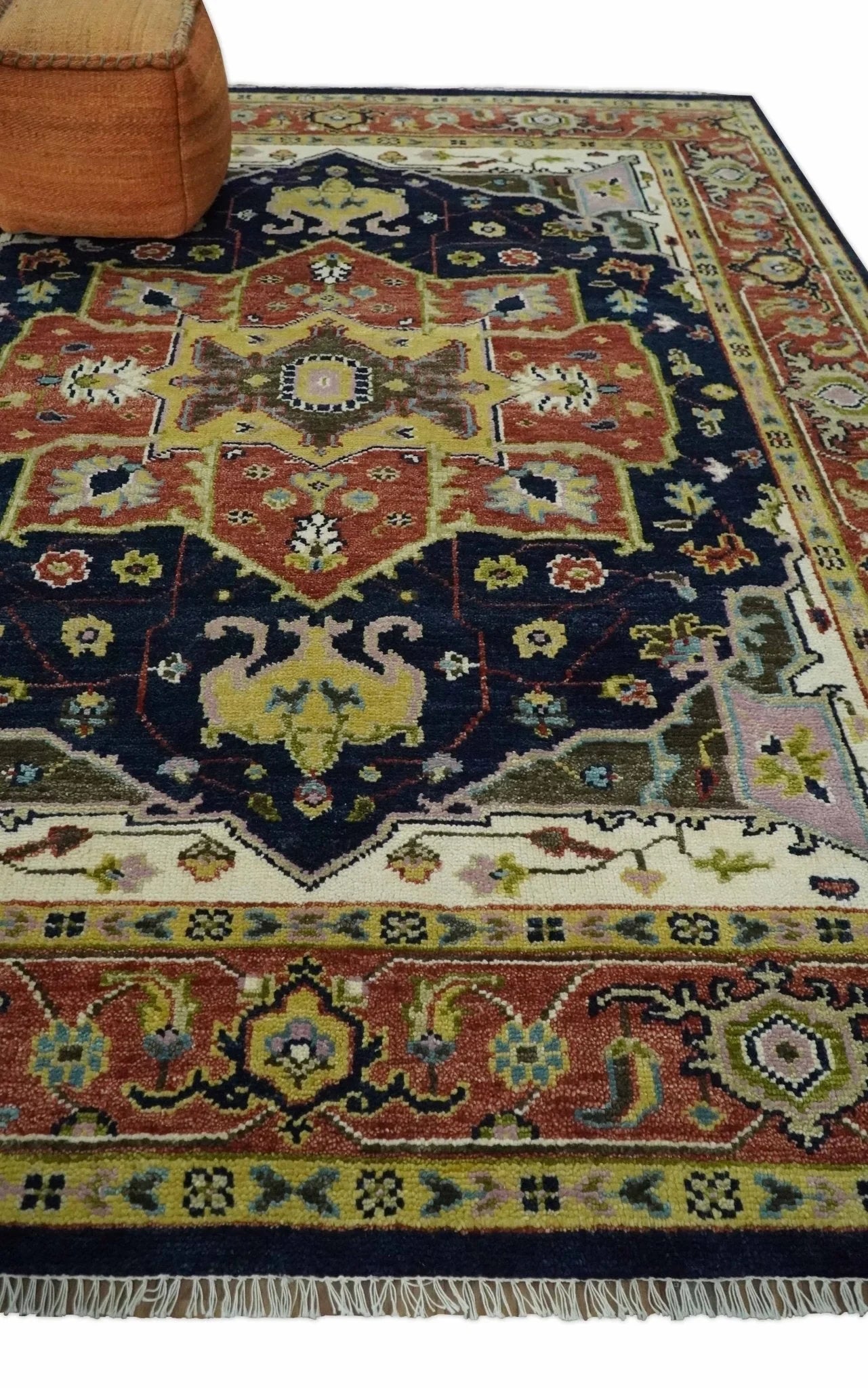 Antique Blue and Rust Hand Knotted 5x8, 6x9, 8x10, 9x12, 10x14 and 12x15 Traditional Vintage Persian Heriz Serapi Wool Rug | TRDCP906 - The Rug Decor