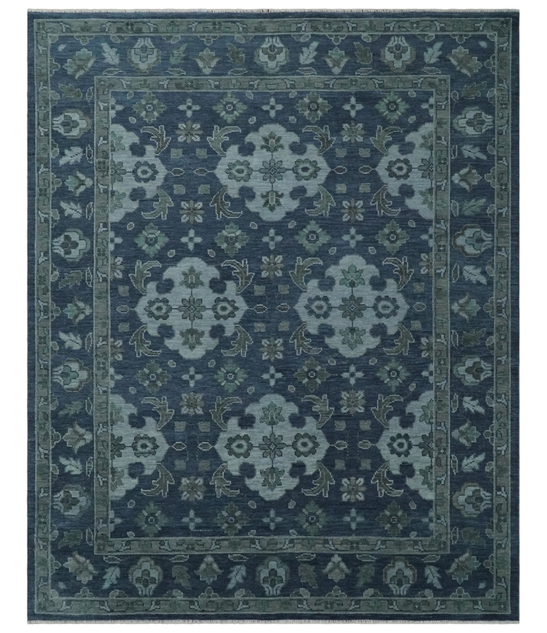 Antique Blue and Silver Hand Knotted Traditional Vintage Wool Rug