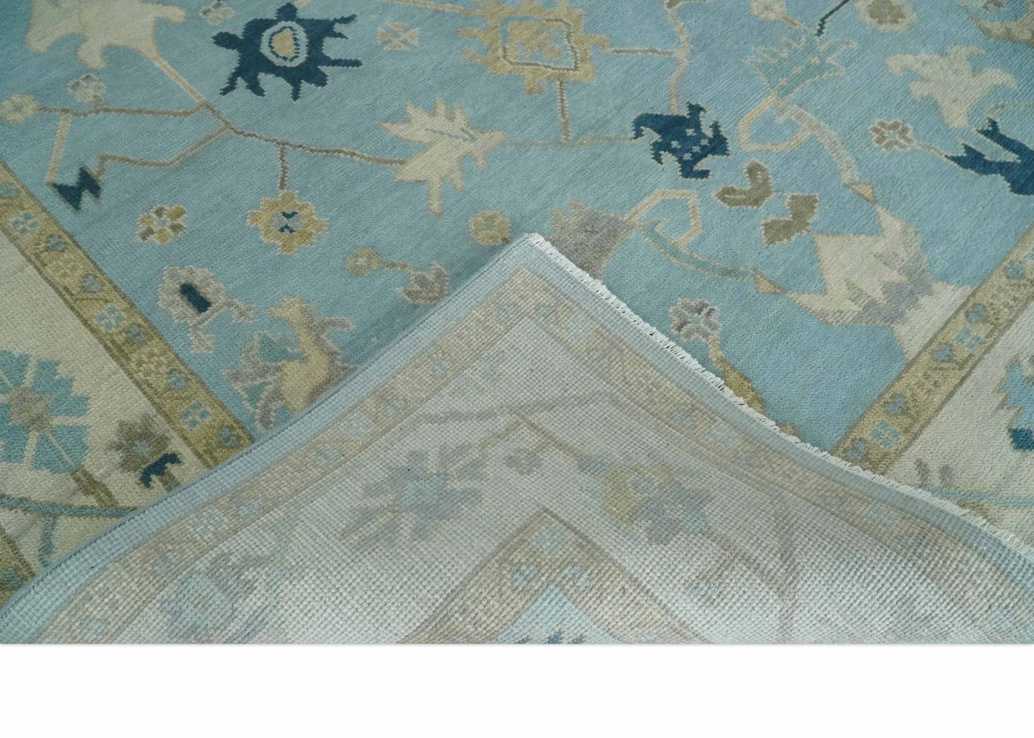 Antique Blue, Ivory and Beige Multi Size Traditional Oushak Wool Rug - The Mayfair Hall