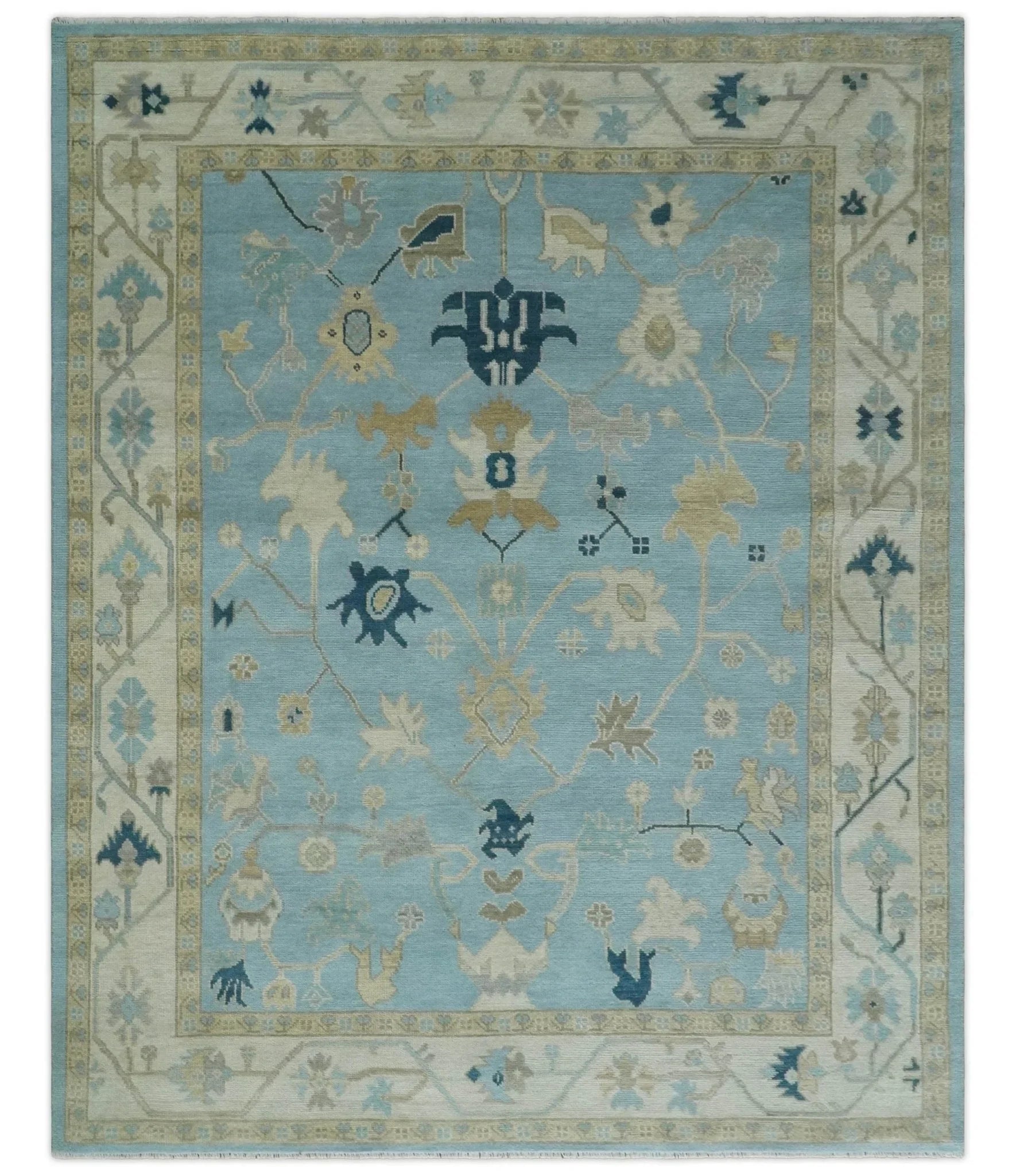 Antique Blue, Ivory and Beige Multi Size Traditional Oushak Wool Rug - The Mayfair Hall