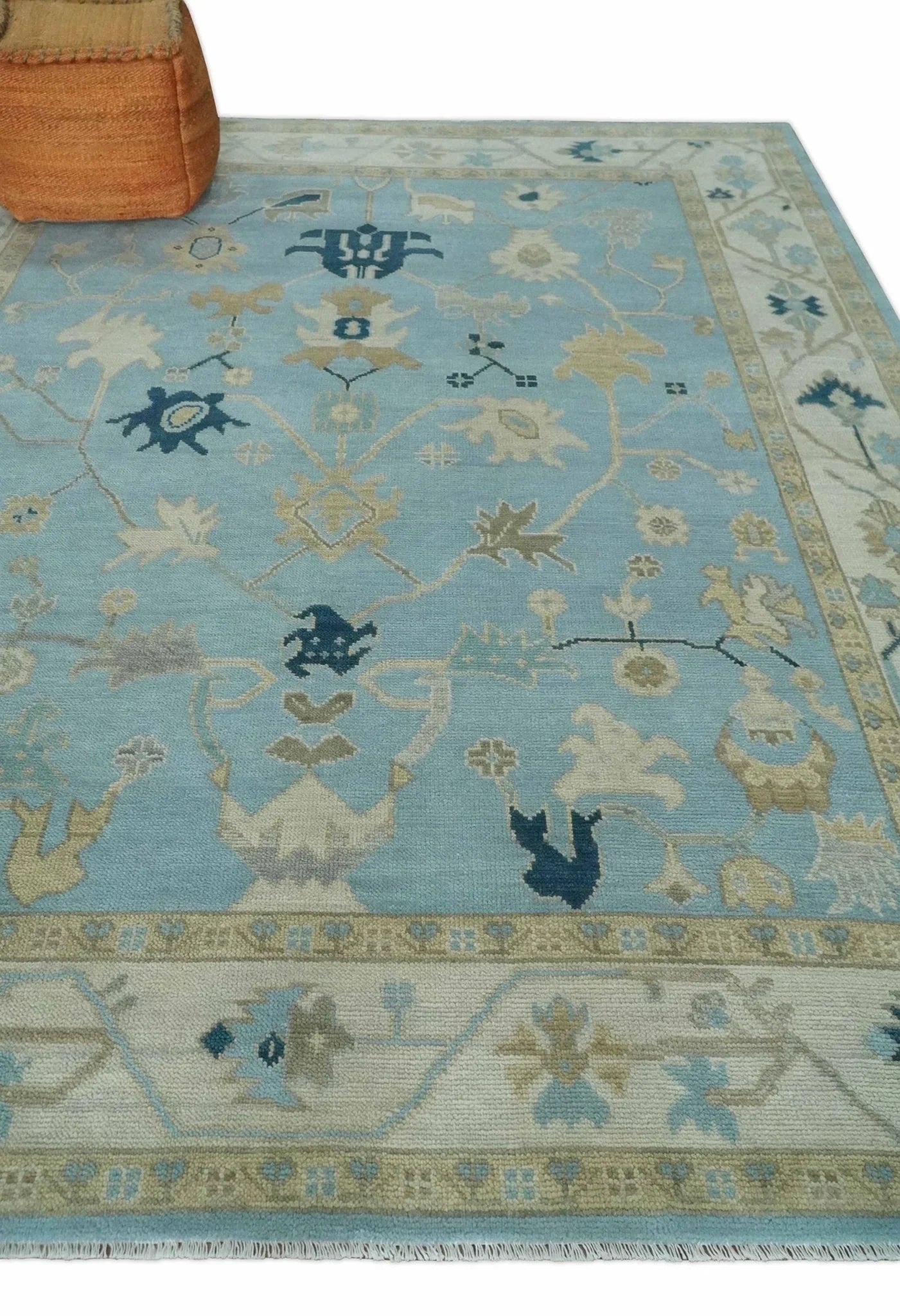 Antique Blue, Ivory and Beige Multi Size Traditional Oushak Wool Rug - The Mayfair Hall