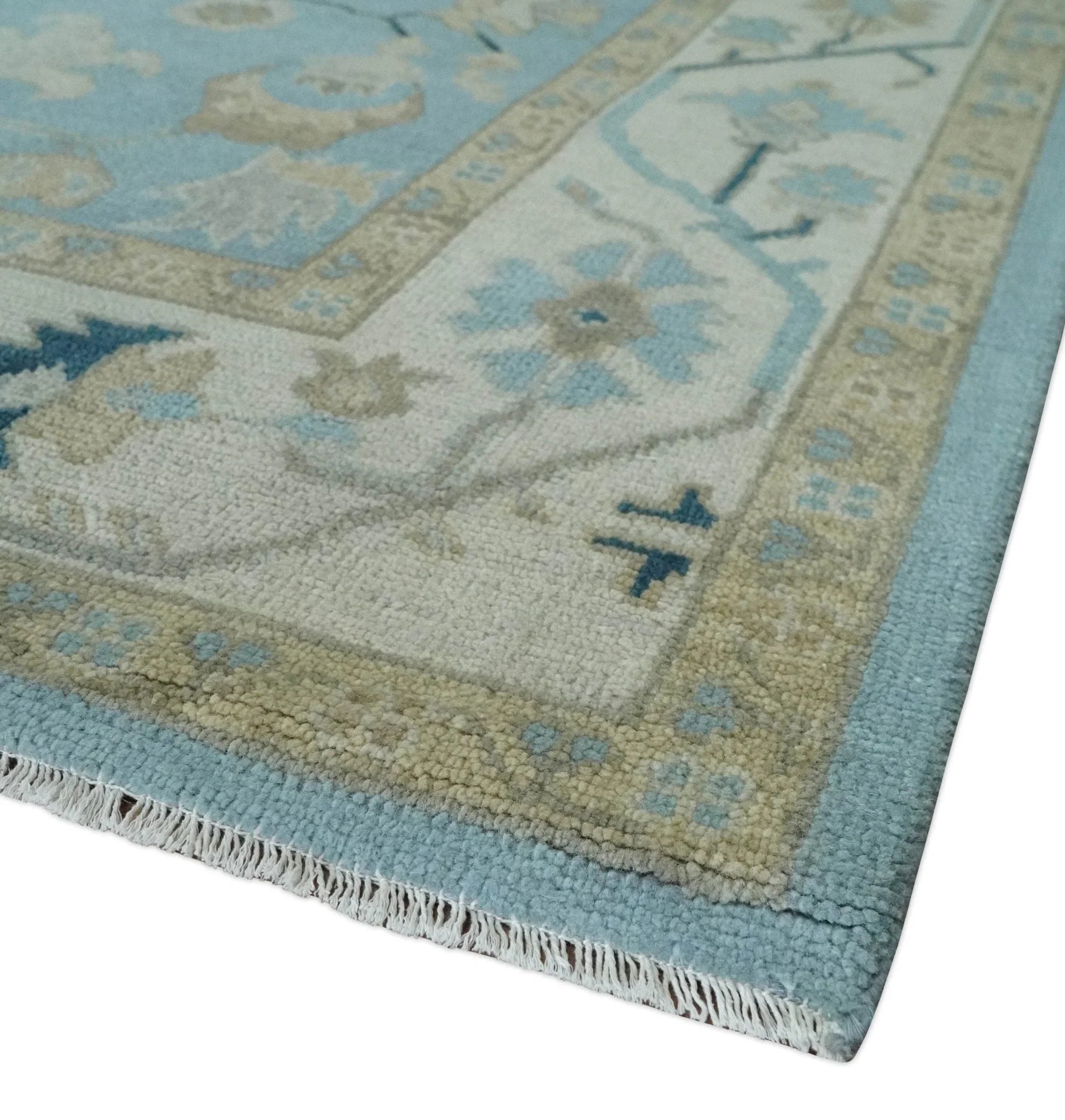 Antique Blue, Ivory and Beige Multi Size Traditional Oushak Wool Rug - The Mayfair Hall