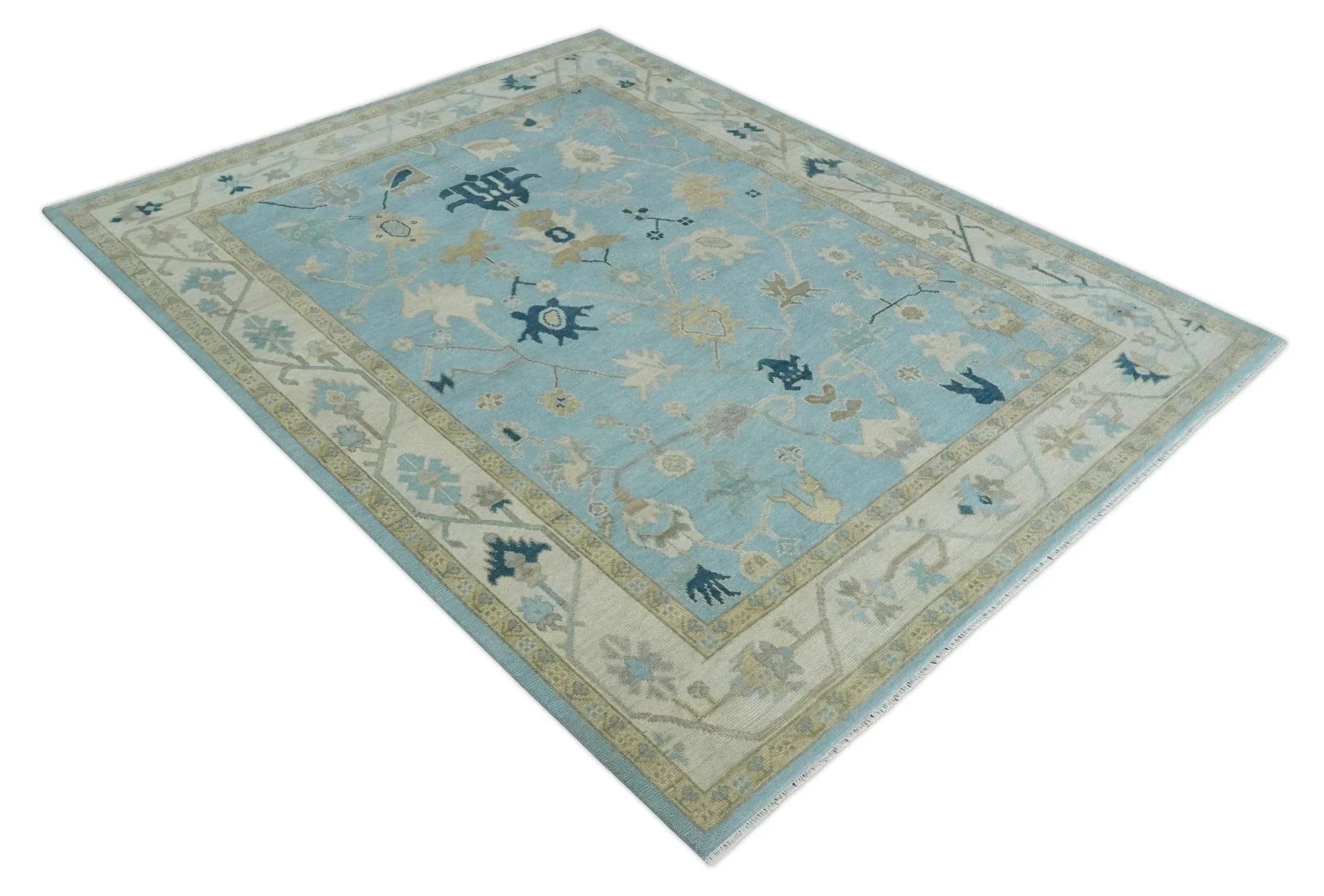 Antique Blue, Ivory and Beige Multi Size Traditional Oushak Wool Rug - The Mayfair Hall