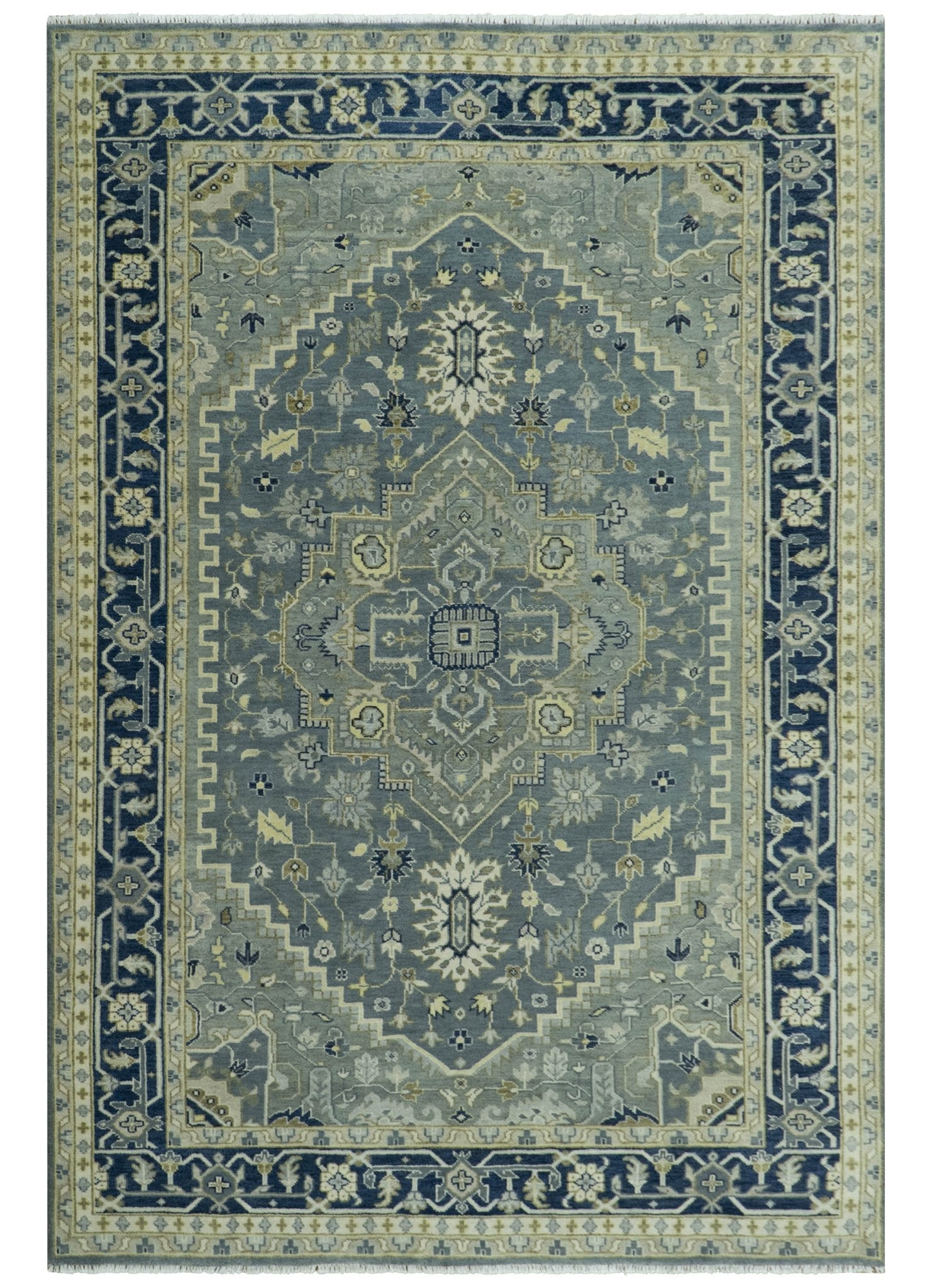 Antique design Gray, Olive and Blue Traditional Hand Knotted Custom Made wool Rug - The Rug Decor