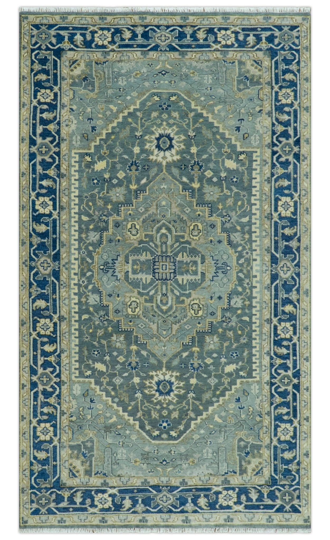 Antique design Gray, Olive and Blue Traditional Hand Knotted Custom Made wool Rug - The Rug Decor