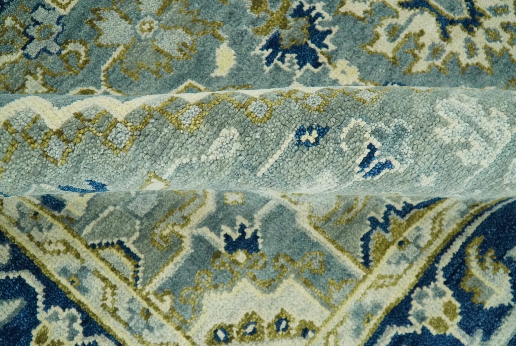 Antique design Gray, Olive and Blue Traditional Hand Knotted Custom Made wool Rug