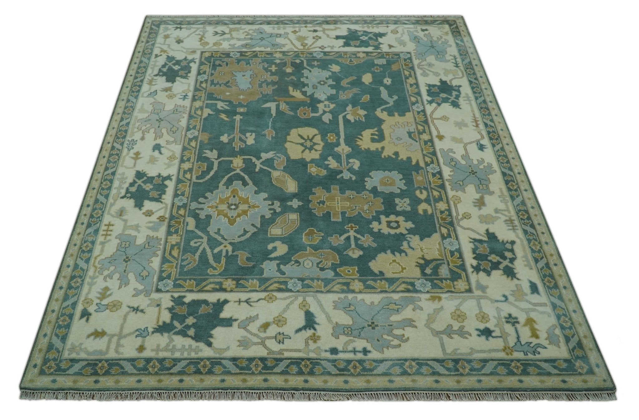 Antique Style Hand Knotted Teal and Ivory Oushak Multi Size wool Rug