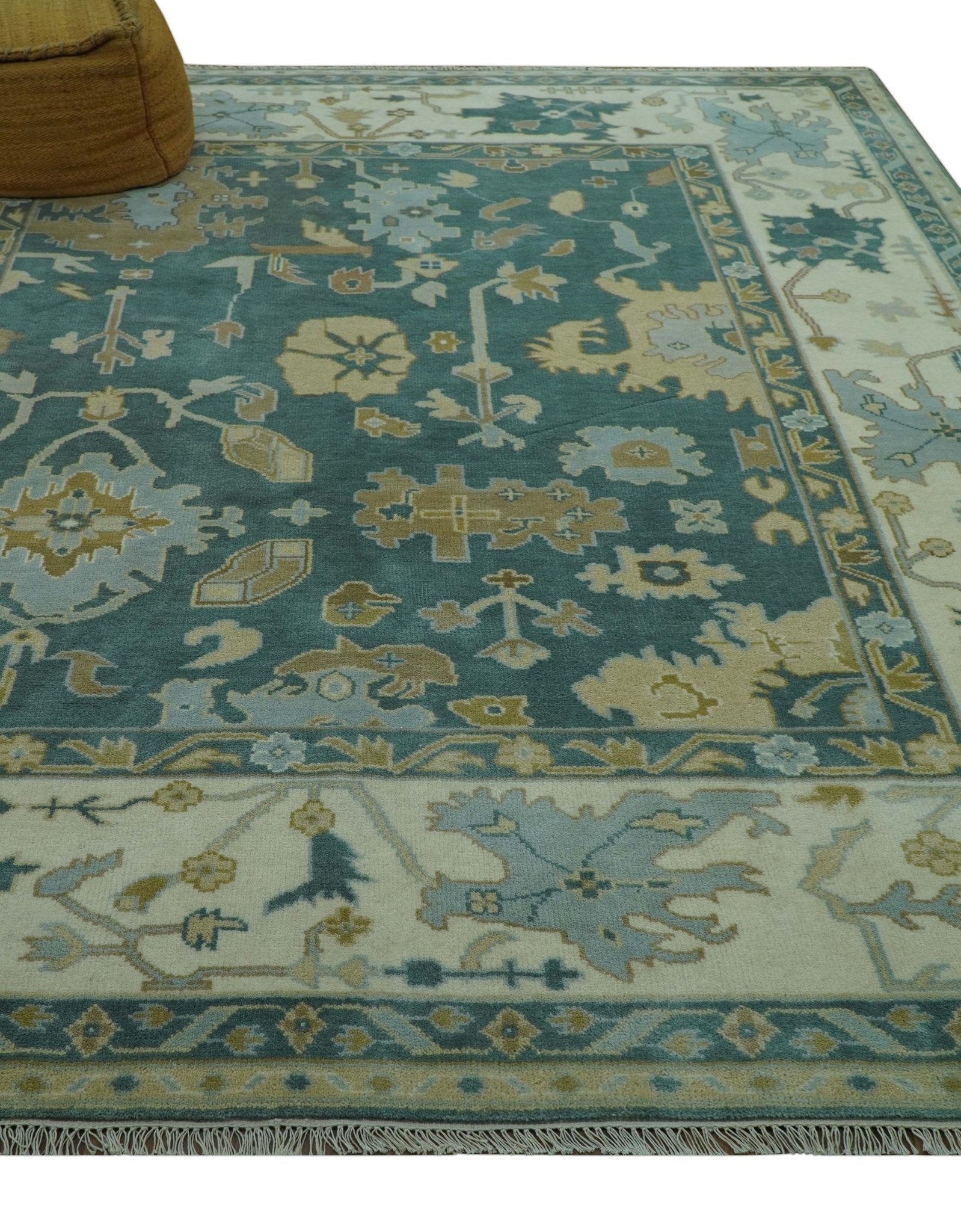 Antique Style Hand Knotted Teal and Ivory Oushak Multi Size wool Rug