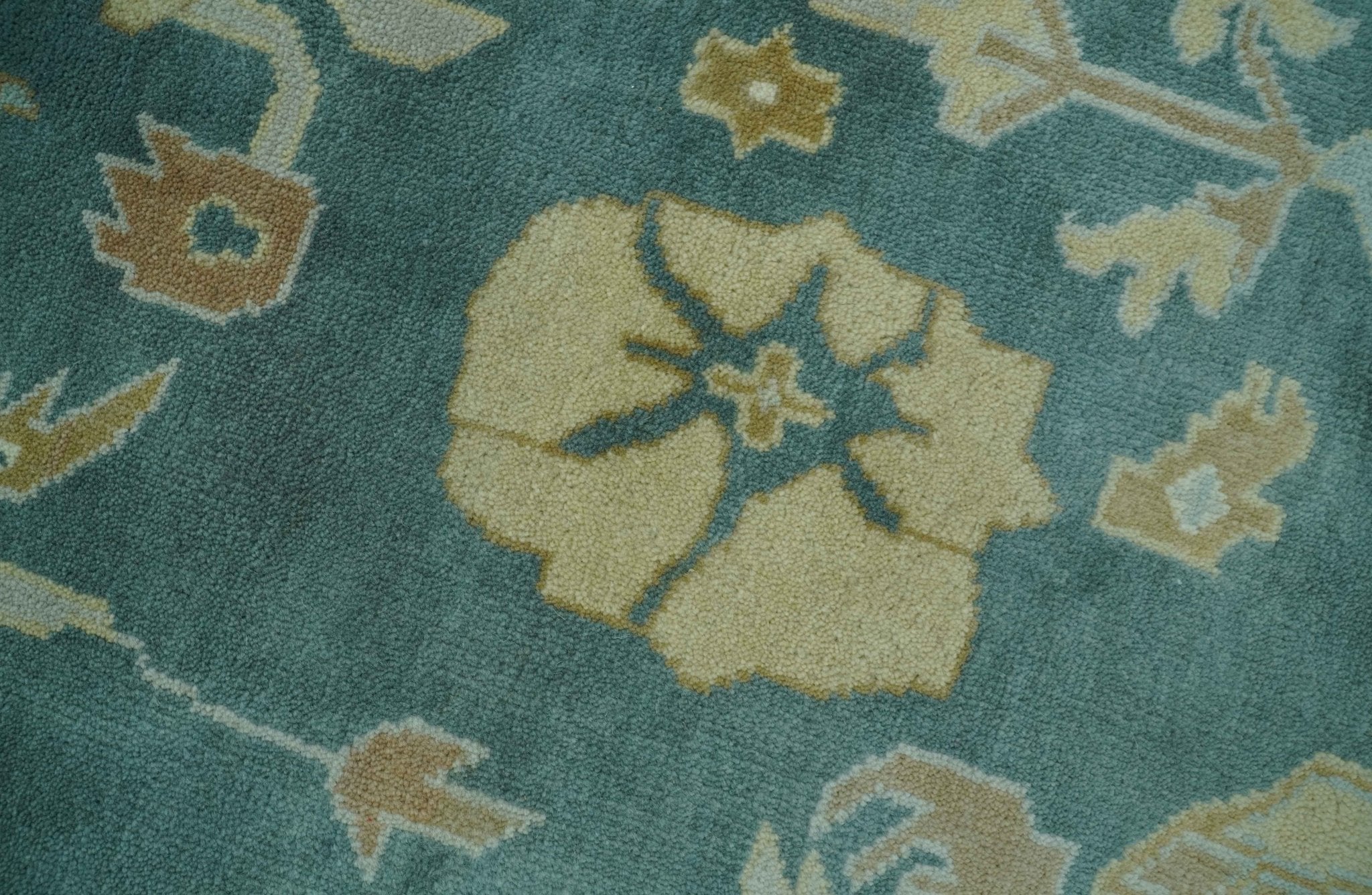 Antique Style Hand Knotted Teal and Ivory Oushak Multi Size wool Rug