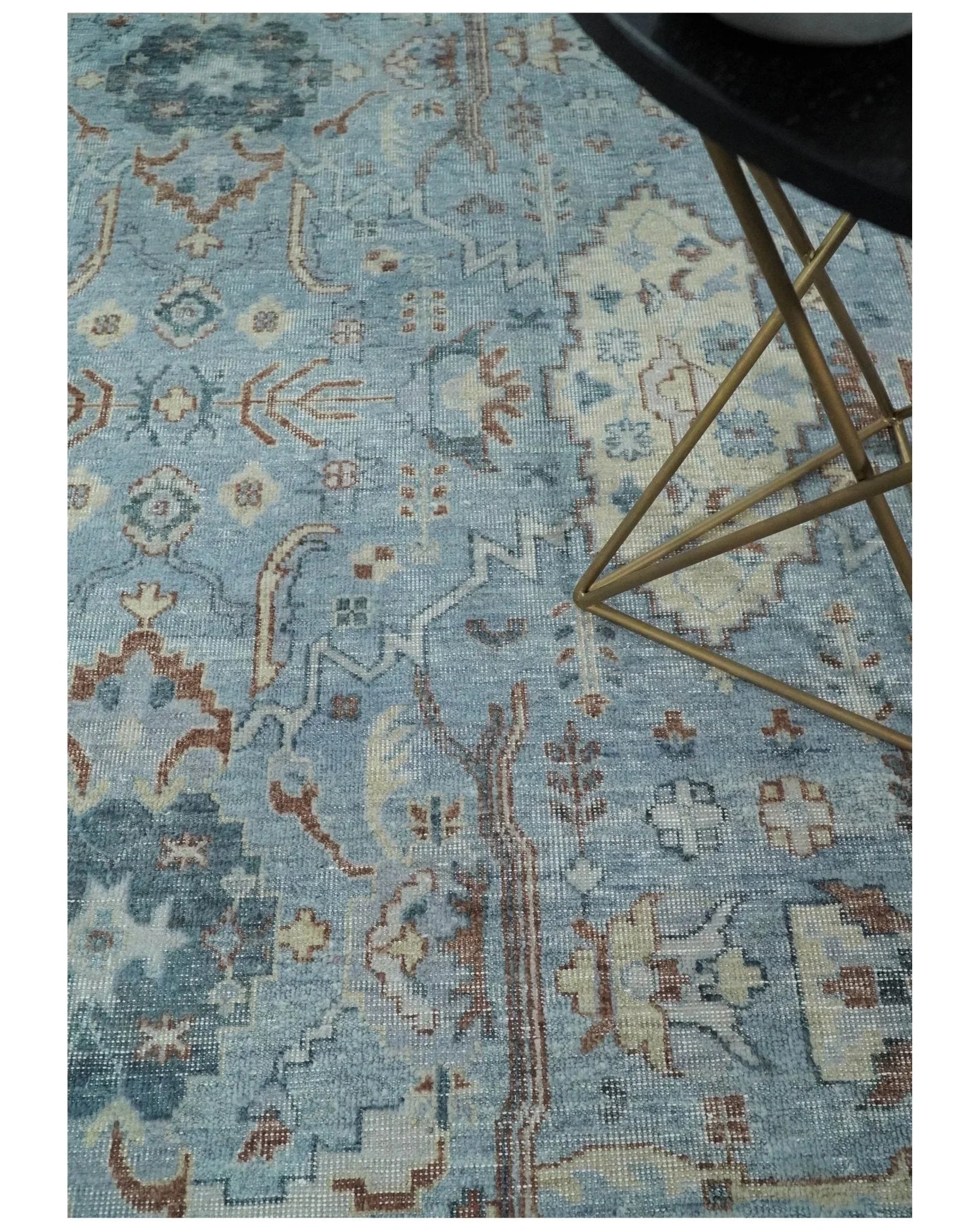 Antique Distressed finished Aqua, Beige and Brown Hand Knotted Low Pile Wool Area Rug - The Mayfair Hall