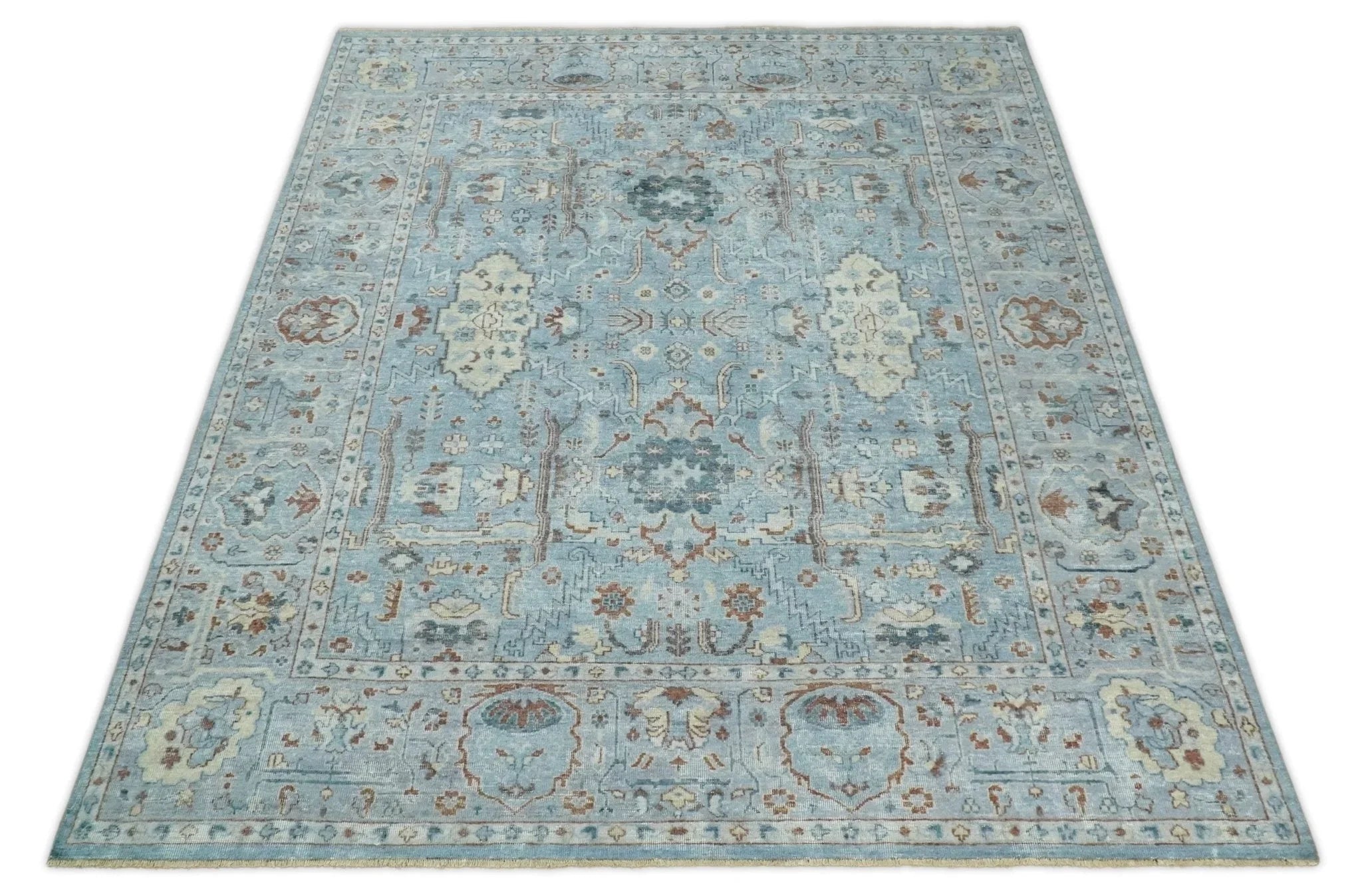 Antique Distressed finished Aqua, Beige and Brown Hand Knotted Low Pile Wool Area Rug - The Mayfair Hall