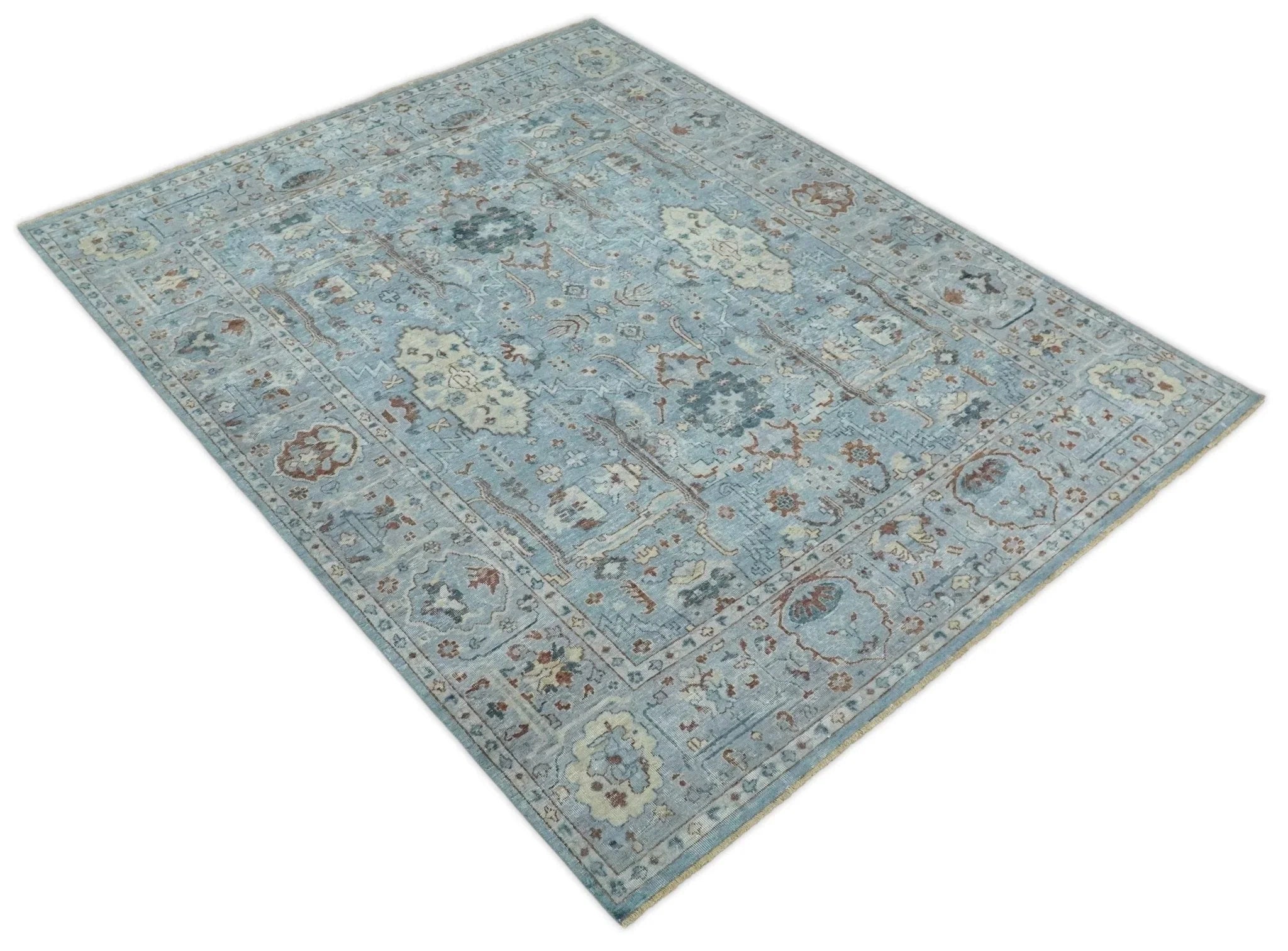 Antique Distressed finished Aqua, Beige and Brown Hand Knotted Low Pile Wool Area Rug - The Mayfair Hall