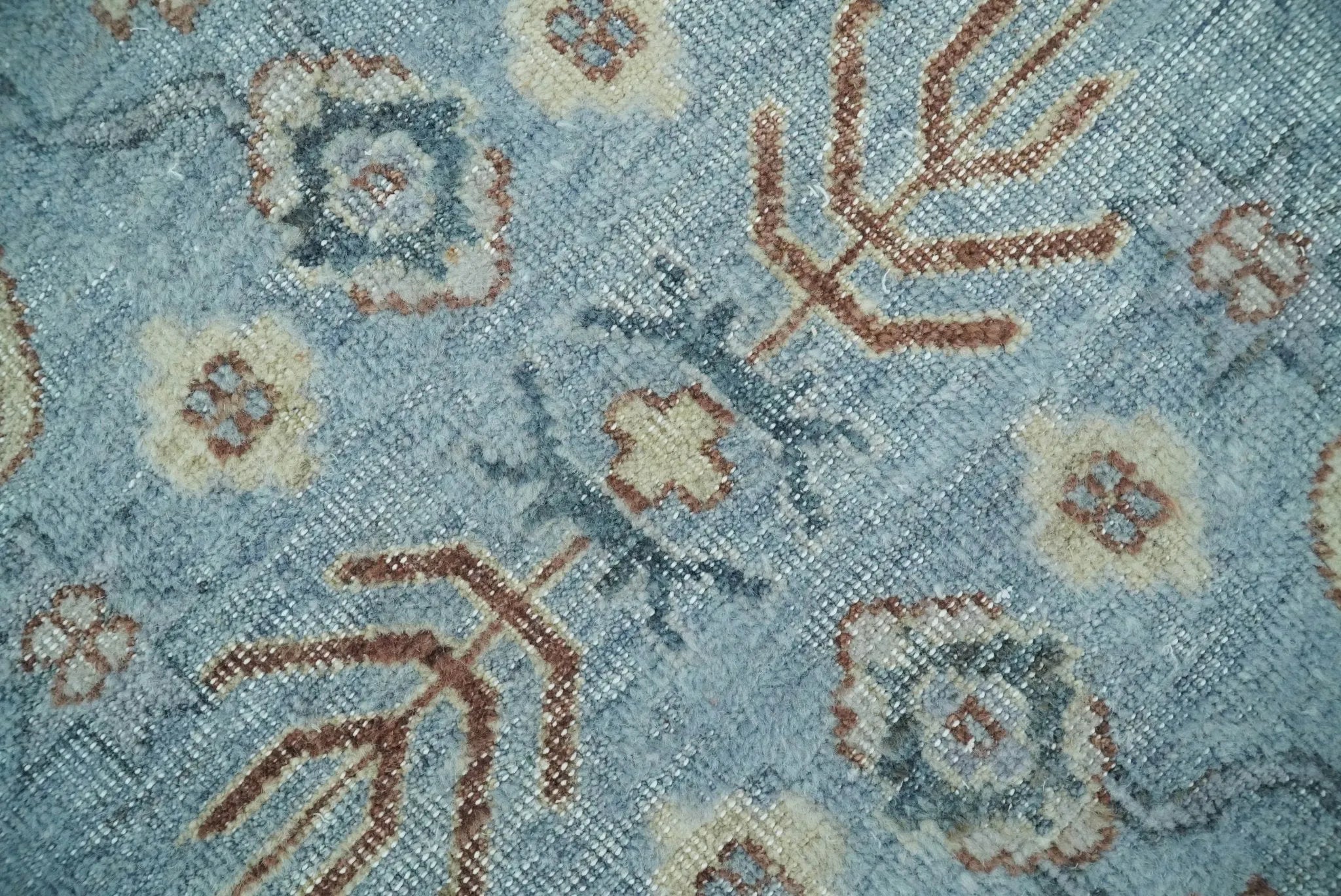 Antique Distressed finished Aqua, Beige and Brown Hand Knotted Low Pile Wool Area Rug - The Mayfair Hall