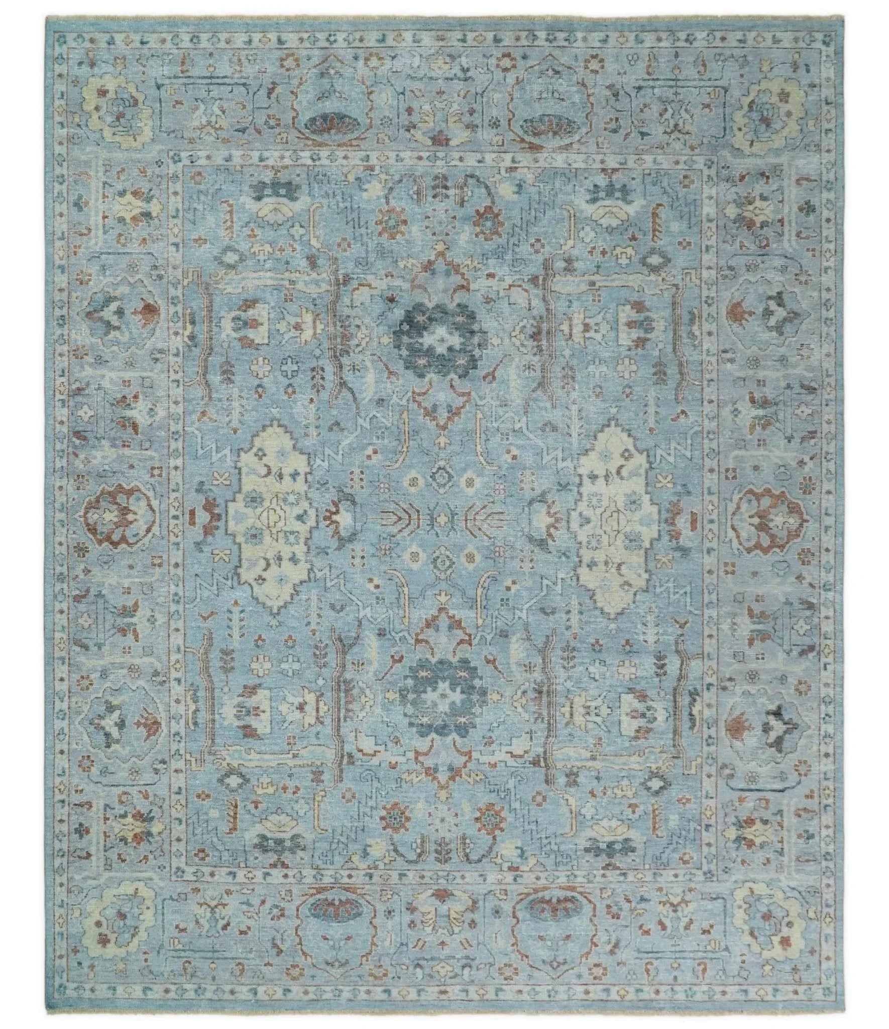Antique Distressed finished Aqua, Beige and Brown Hand Knotted Low Pile Wool Area Rug - The Mayfair Hall