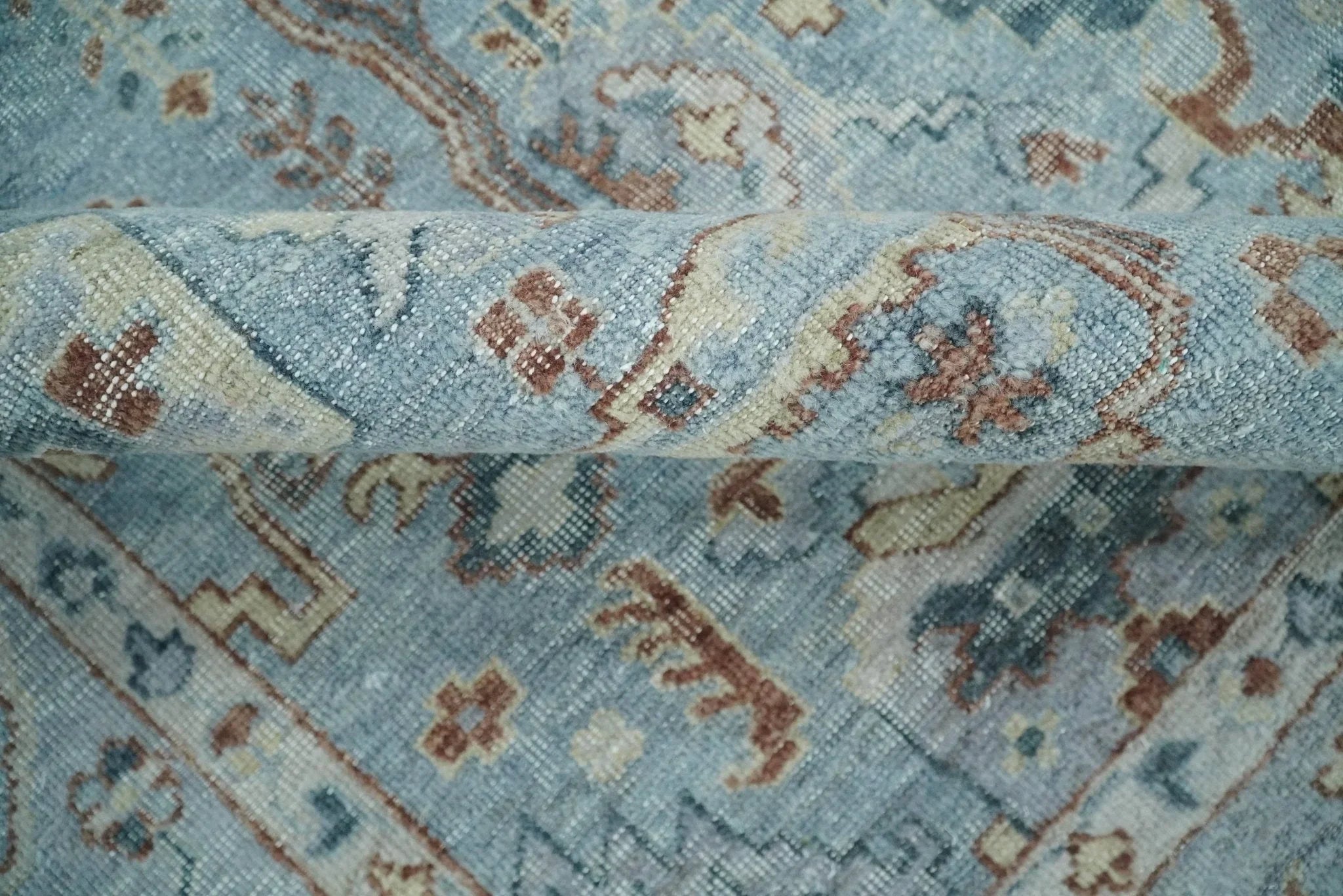 Antique Distressed finished Aqua, Beige and Brown Hand Knotted Low Pile Wool Area Rug - The Mayfair Hall
