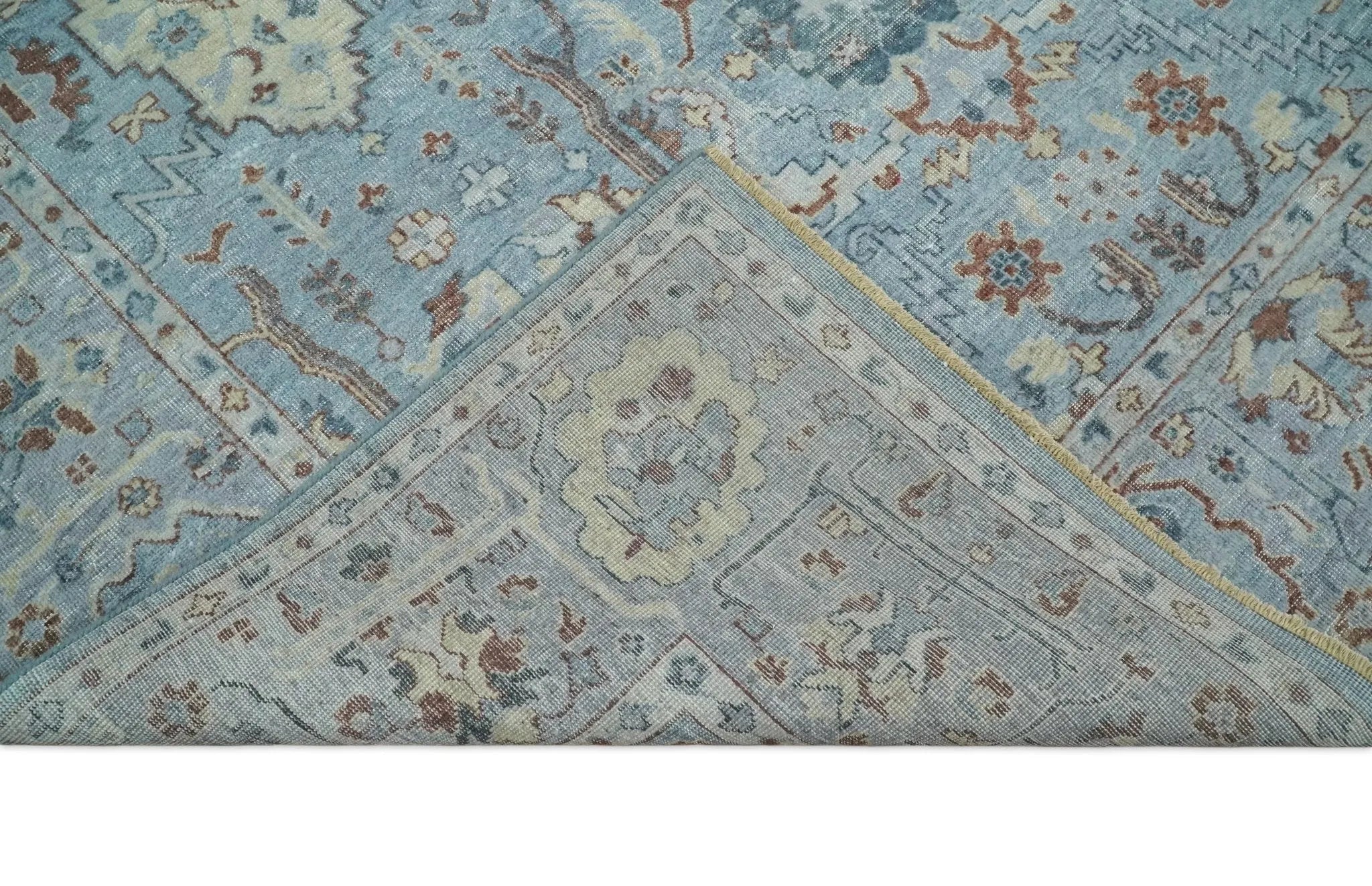 Antique Distressed finished Aqua, Beige and Brown Hand Knotted Low Pile Wool Area Rug - The Mayfair Hall