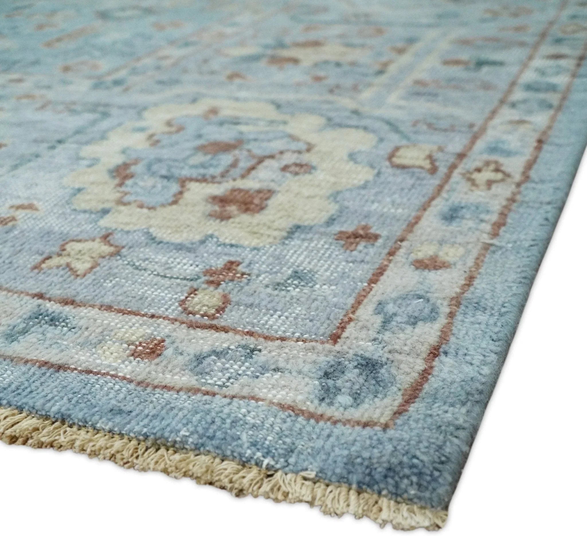 Antique Distressed finished Aqua, Beige and Brown Hand Knotted Low Pile Wool Area Rug - The Mayfair Hall