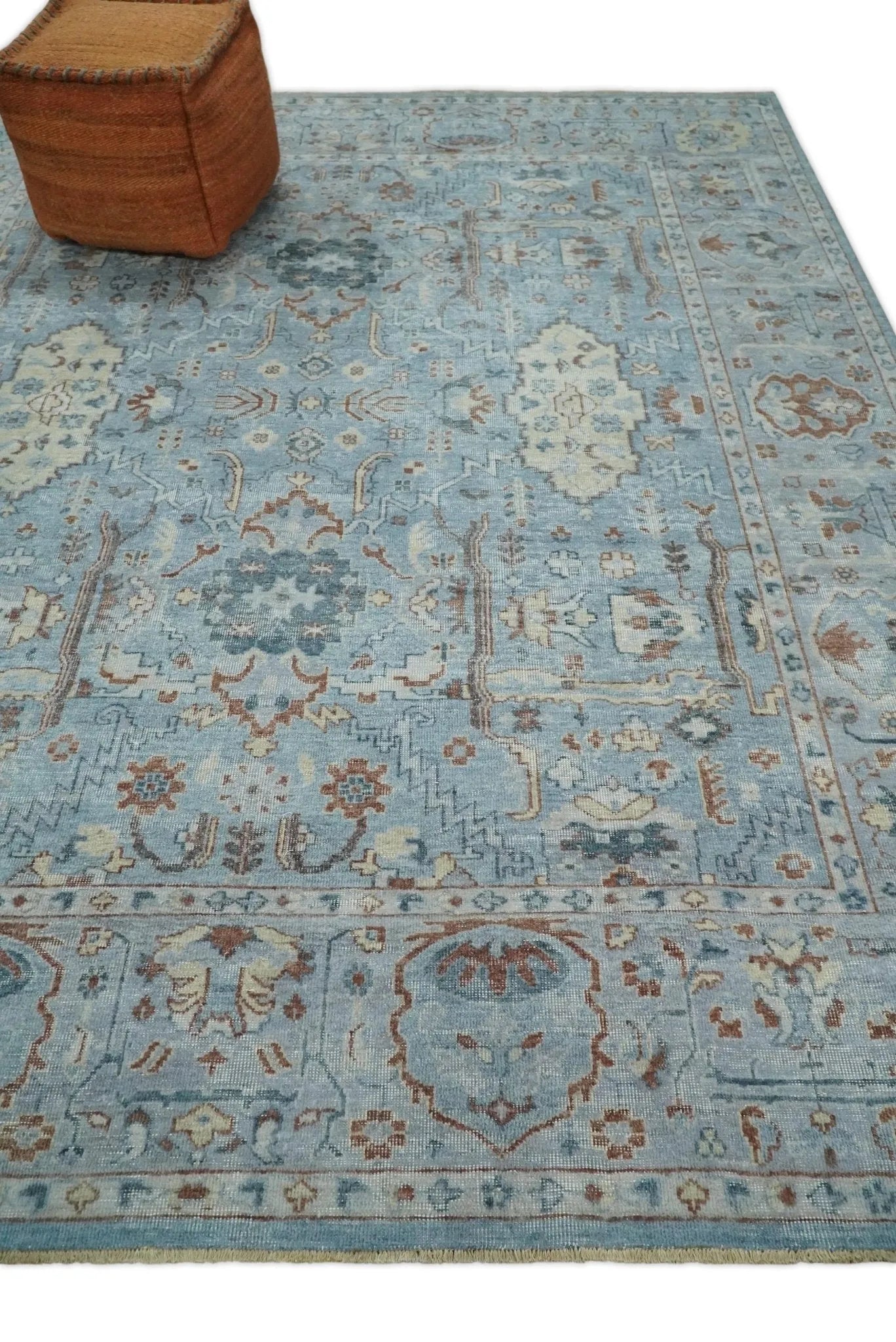 Antique Distressed finished Aqua, Beige and Brown Hand Knotted Low Pile Wool Area Rug - The Mayfair Hall