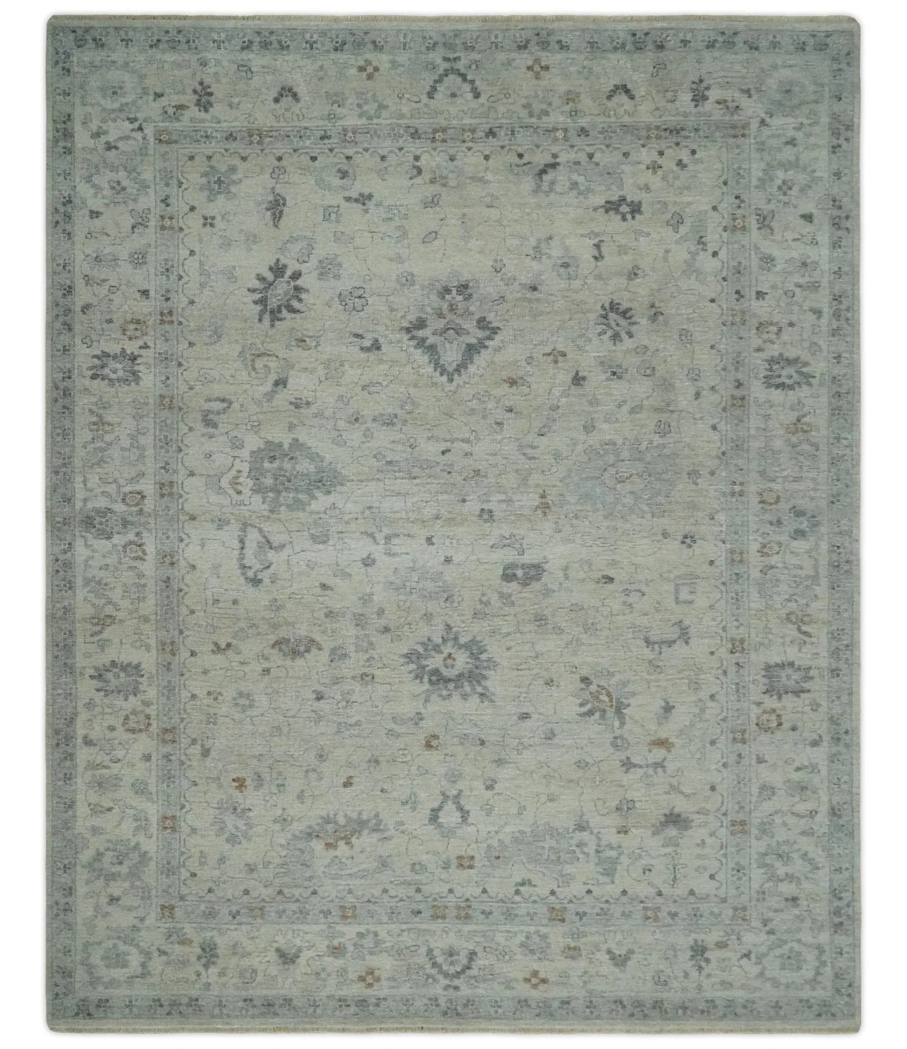 Antique Distressed look Beige and Charcoal Low Pile Multi Size Oushak wool Area Rug - The Mayfair Hall