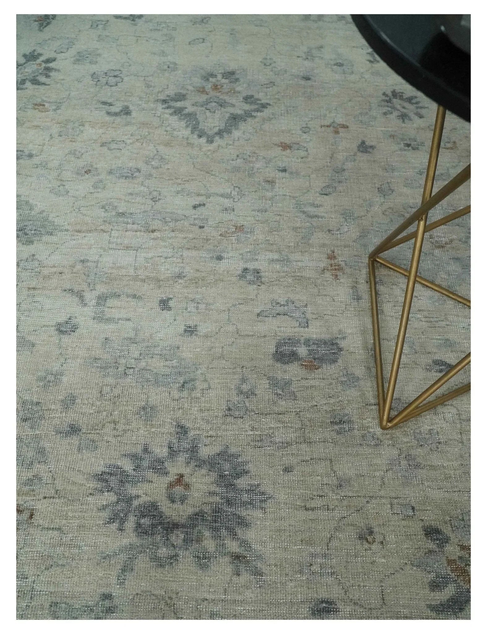 Antique Distressed look Beige and Charcoal Low Pile Multi Size Oushak wool Area Rug - The Mayfair Hall