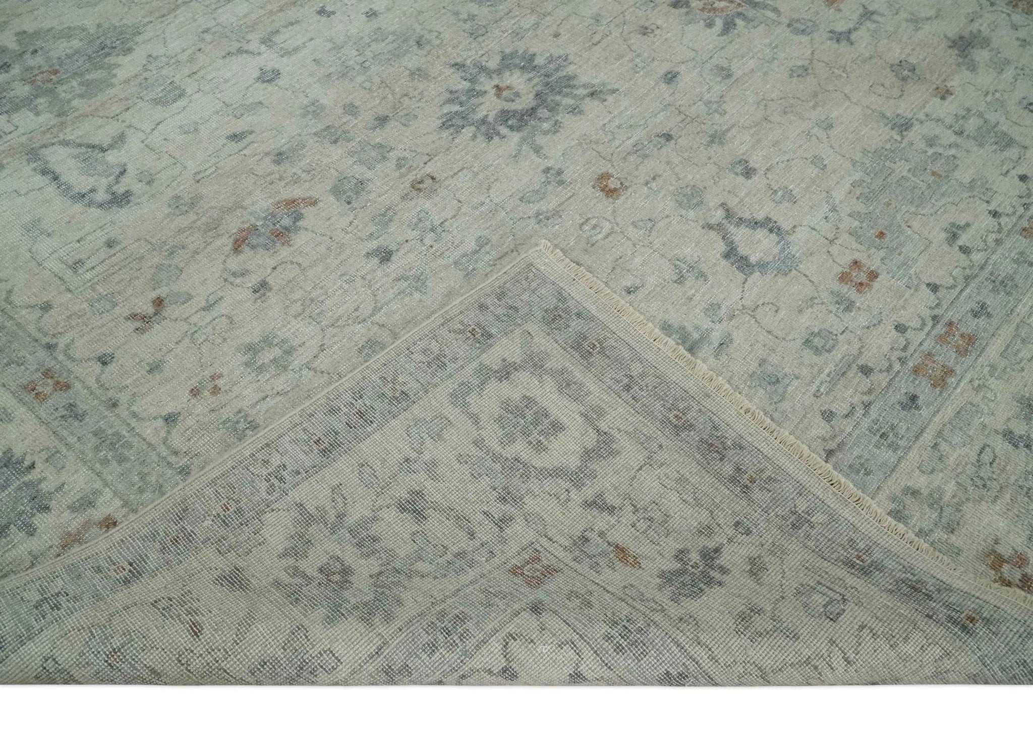 Antique Distressed look Beige and Charcoal Low Pile Multi Size Oushak wool Area Rug - The Mayfair Hall