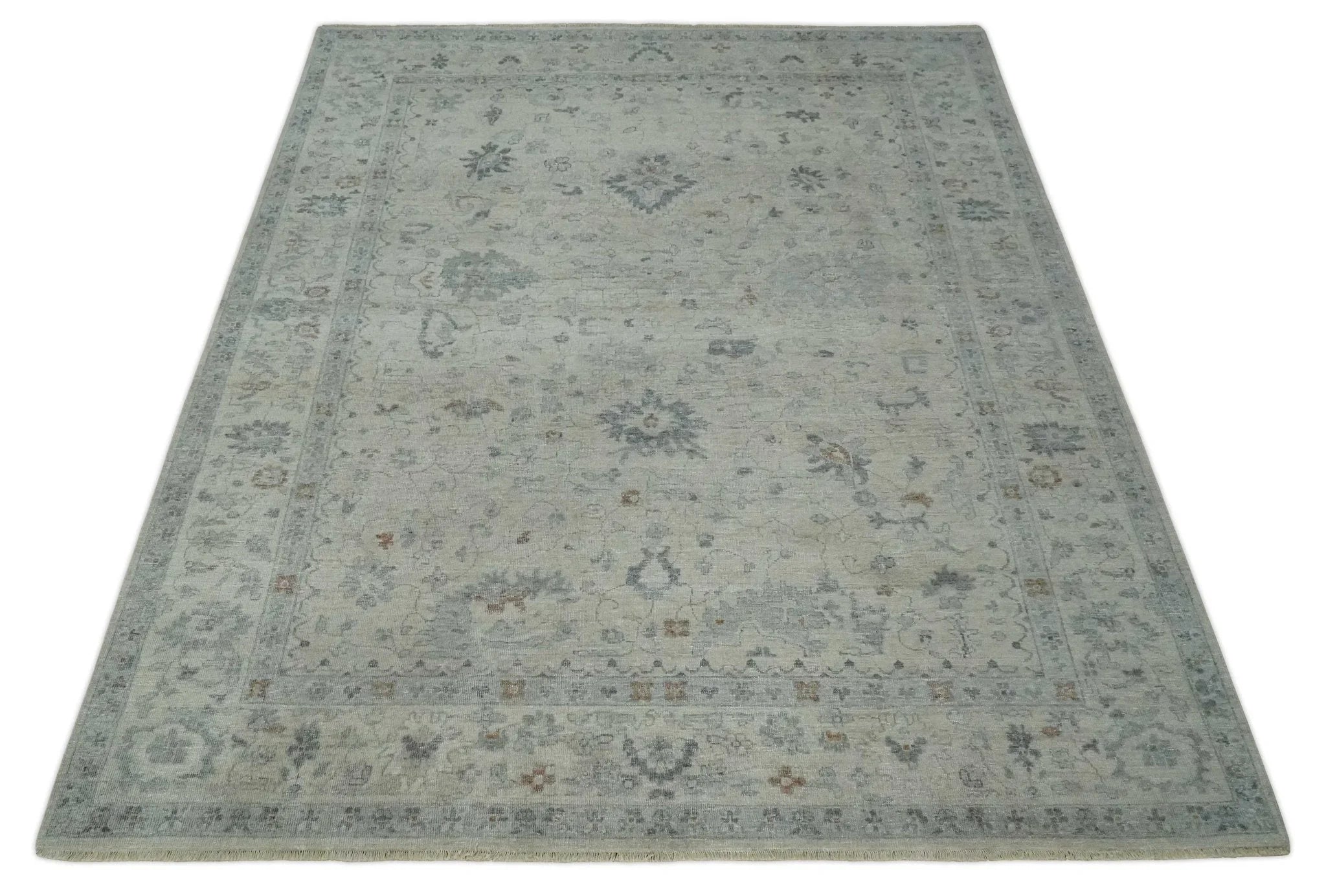 Antique Distressed look Beige and Charcoal Low Pile Multi Size Oushak wool Area Rug - The Mayfair Hall