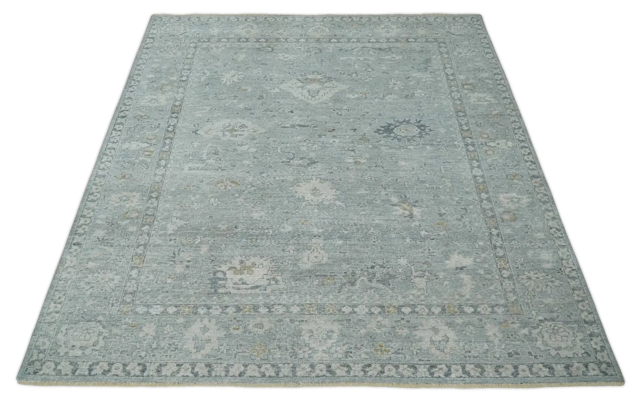 Antique Distressed Look Gray and Silver Low Pile Multi Size Oushak wool Area Rug - The Mayfair Hall