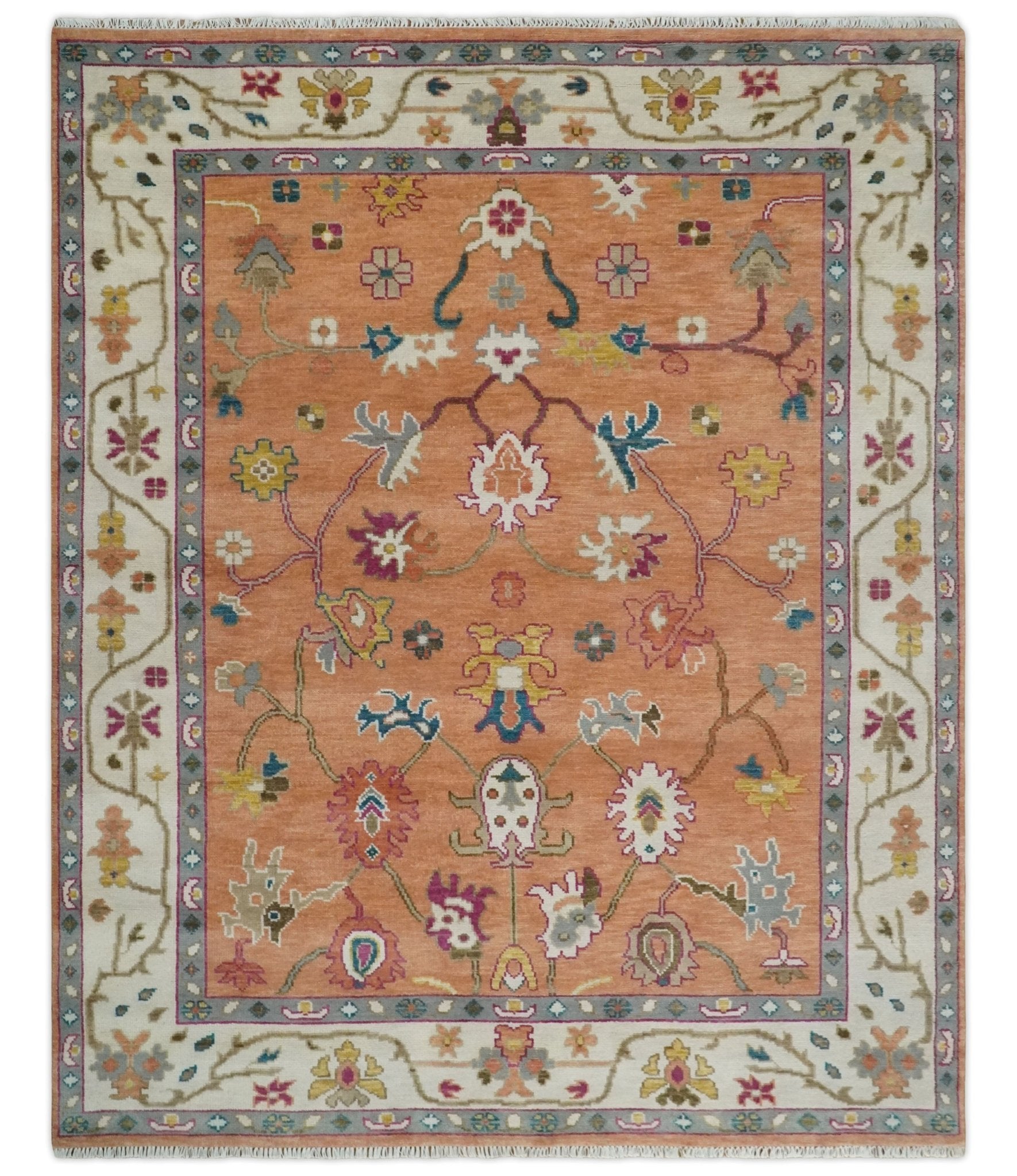 Antique Floral Peach and Ivory Hand knotted Traditional Oushak 8x10 wool Area Rug
