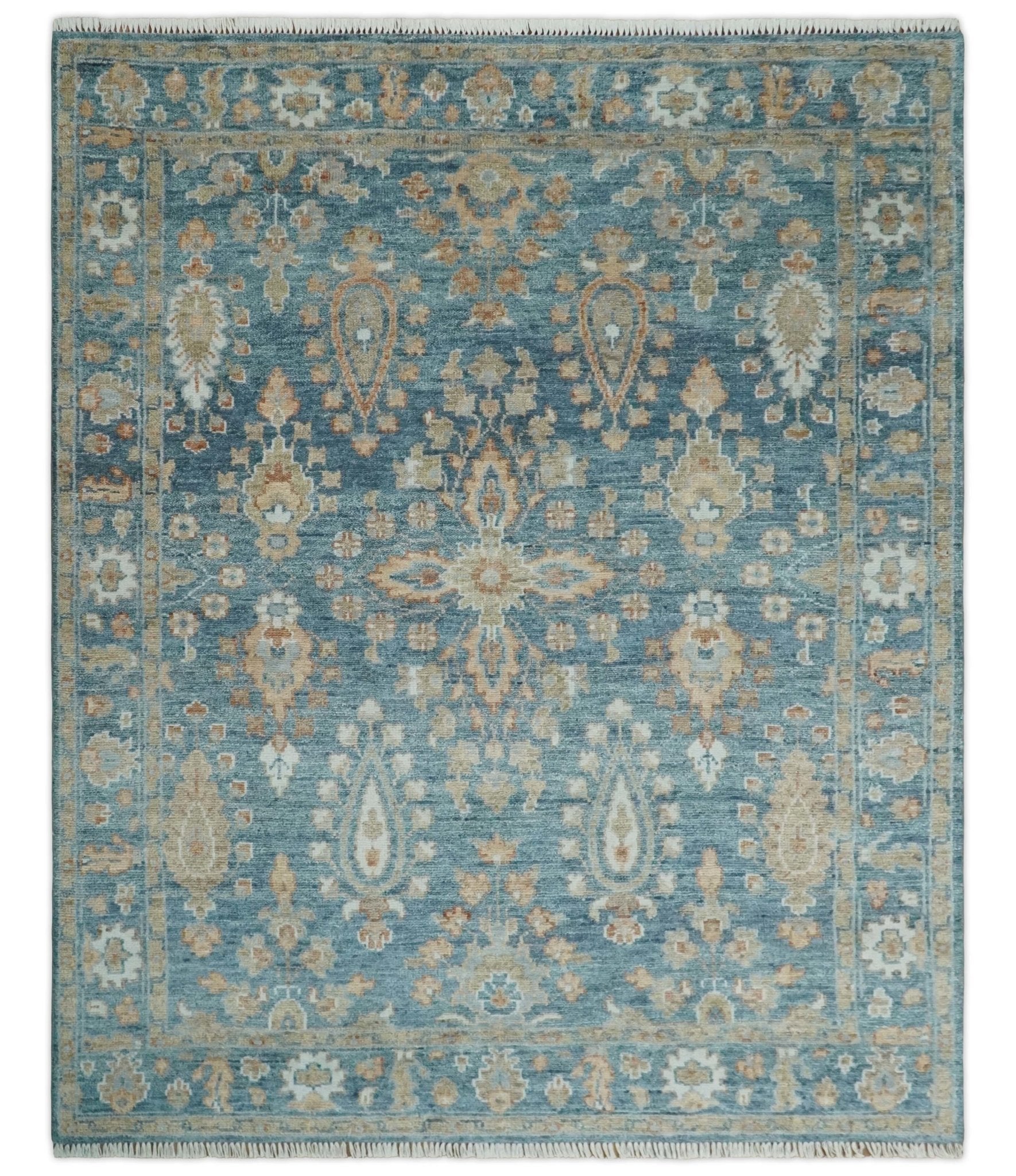 Custom Made Antique Hand Knotted Blue and Beige Traditional Oushak Wool Area Rug
