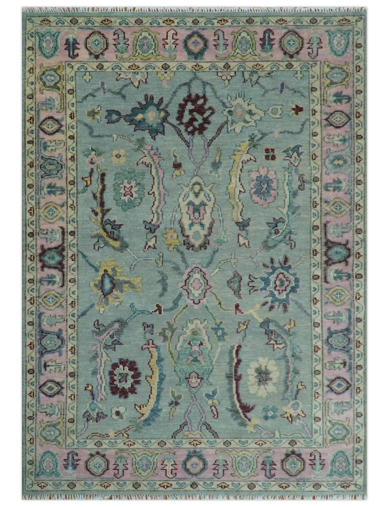 Antique Hand Knotted Green and Pink Traditional Oushak Multi Size Wool Area Rug - The Rug Decor