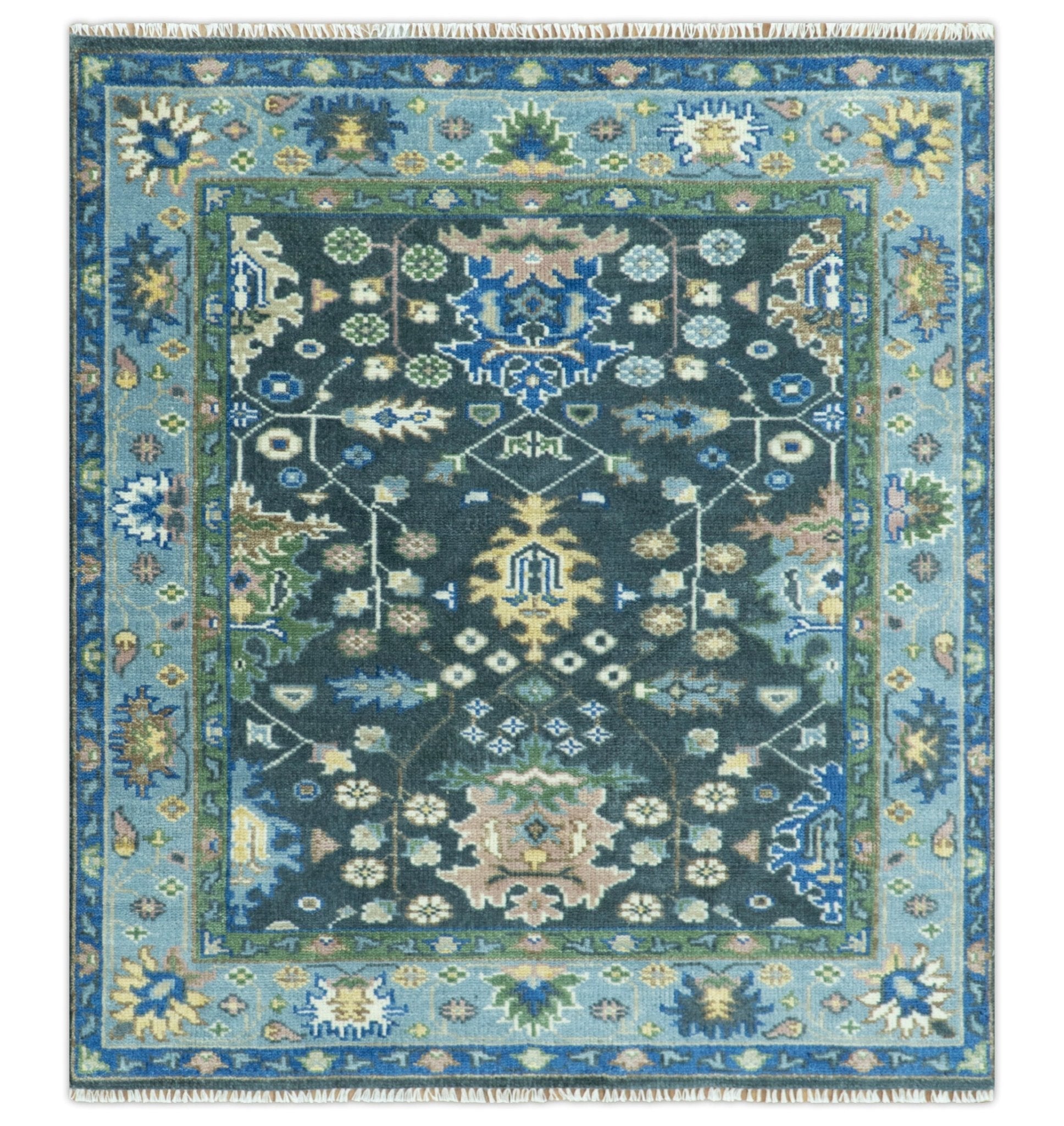 Antique Design Hand Knotted Green Moss and Blue Turkish Oushak Custom Made Wool Area Rug