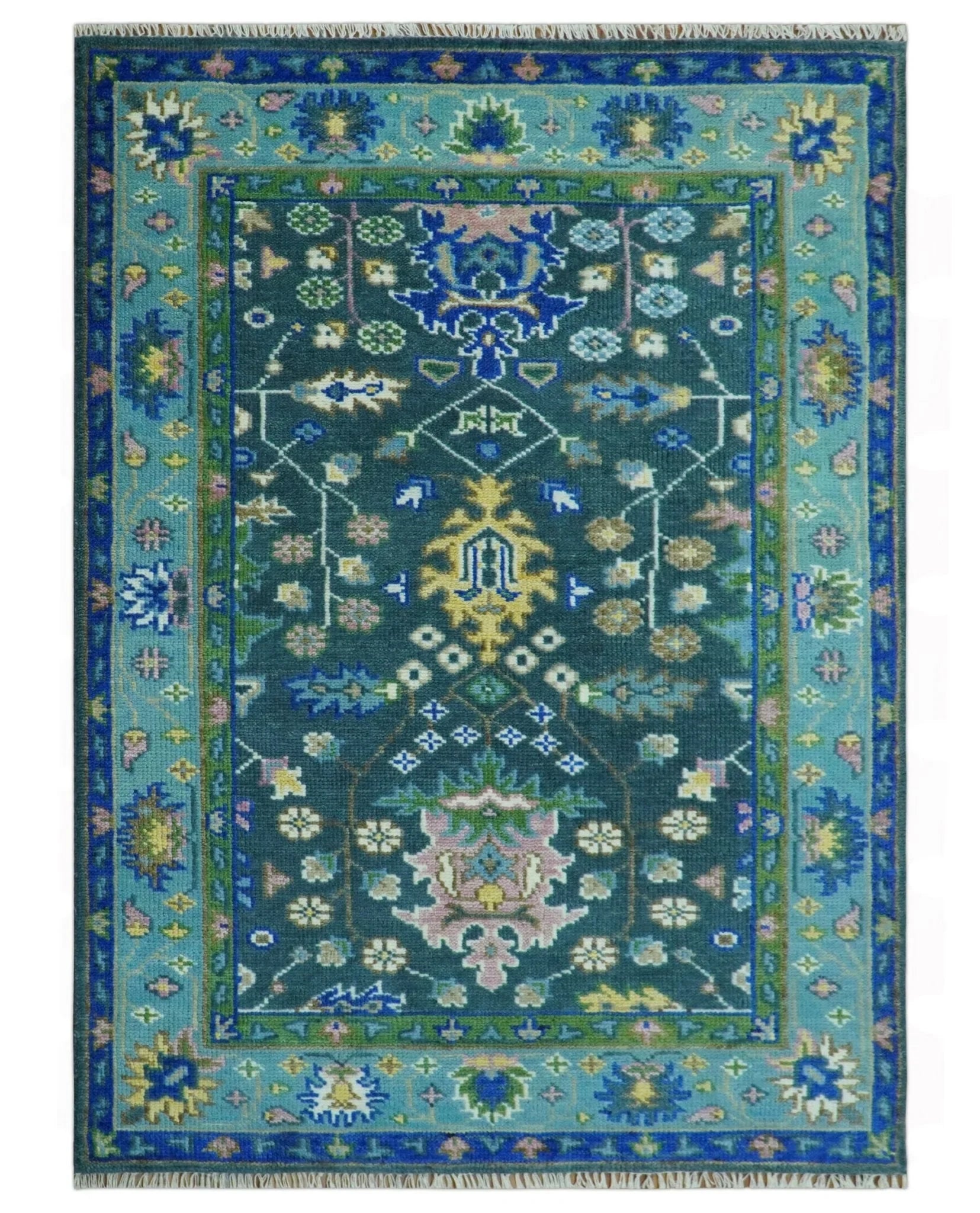 Antique Hand Knotted Green Moss and Blue Traditional Turkish Vintage Oushak Custom Made Wool Area Rug - The Rug Decor