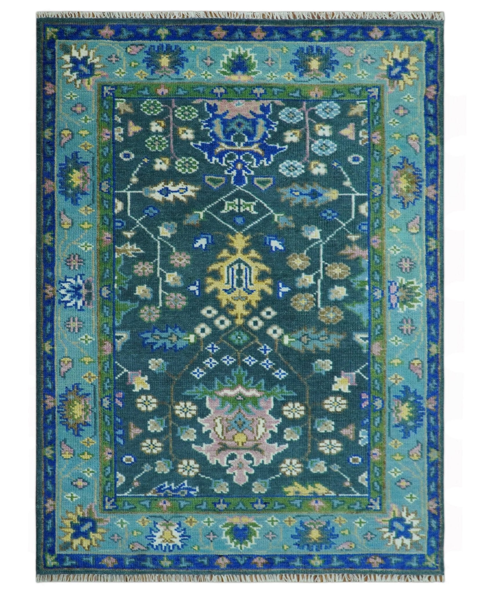 Antique Design Hand Knotted Green Moss and Blue Turkish Oushak Custom Made Wool Area Rug