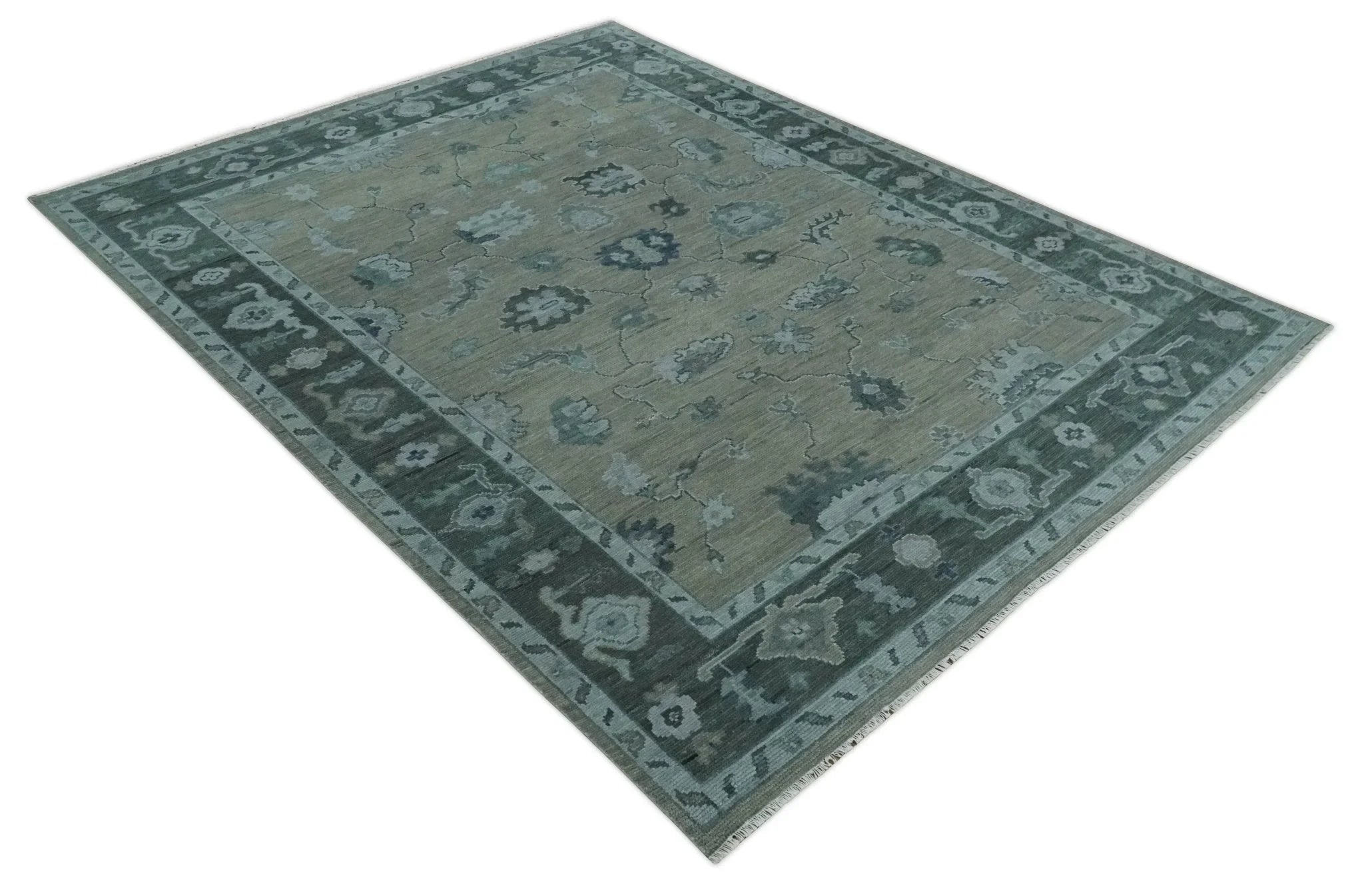 Antique Hand Knotted Oushak Beige, Charcoal and Silver Traditional Area Rug - The Rug Decor