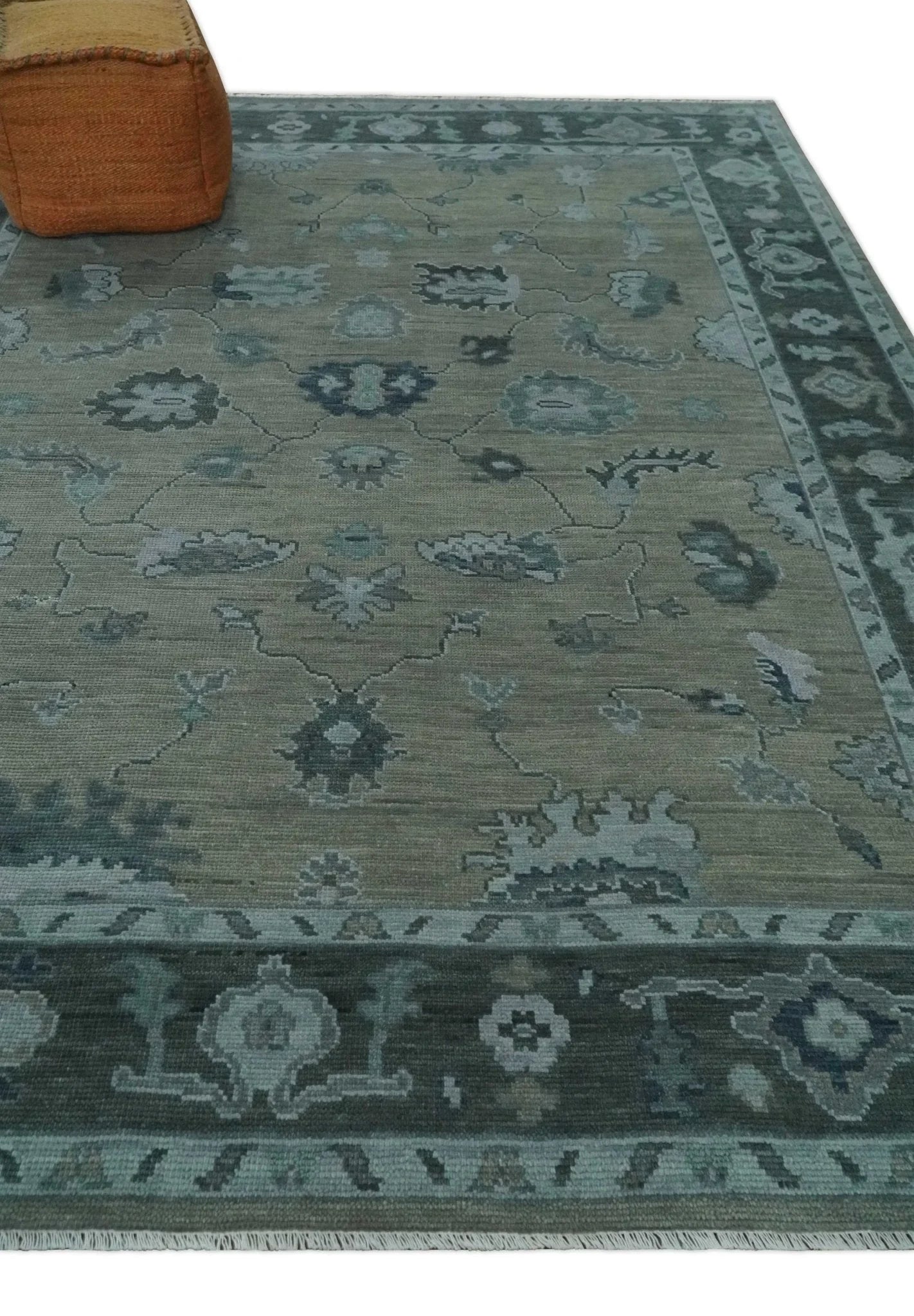 Antique Hand Knotted Oushak Beige, Charcoal and Silver Traditional Area Rug - The Rug Decor