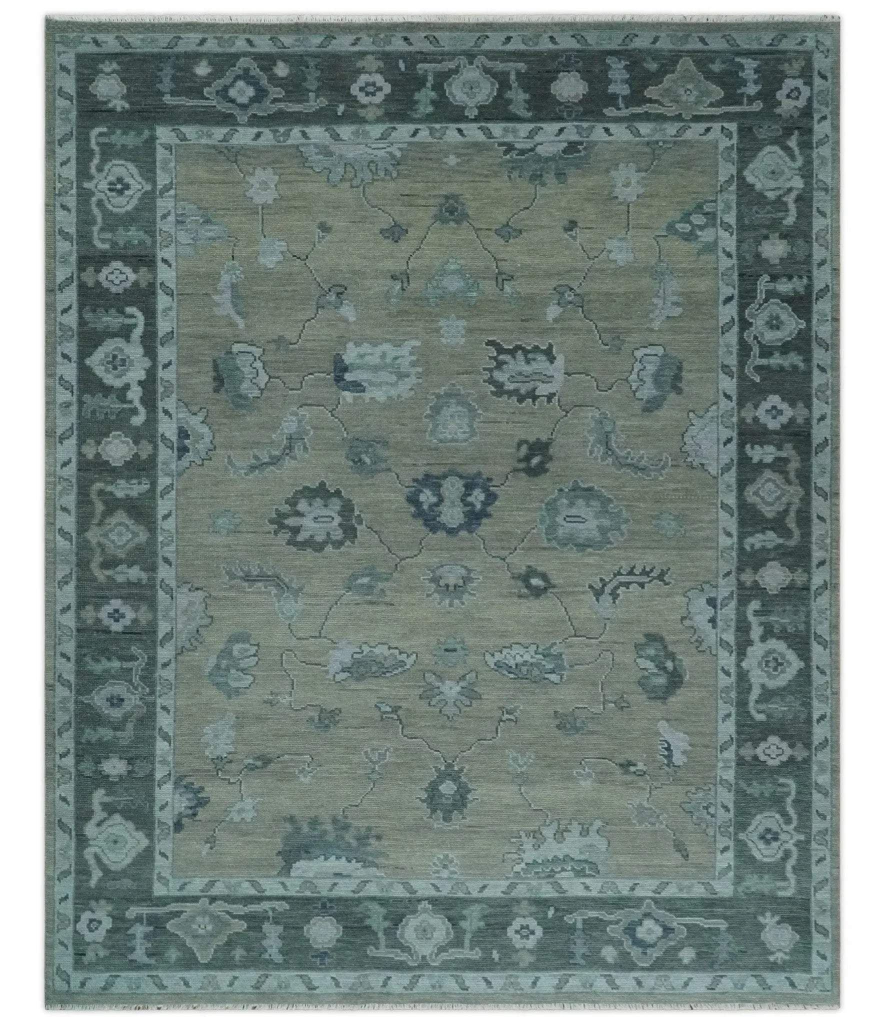 Antique Hand Knotted Oushak Beige, Charcoal and Silver Traditional Area Rug - The Rug Decor
