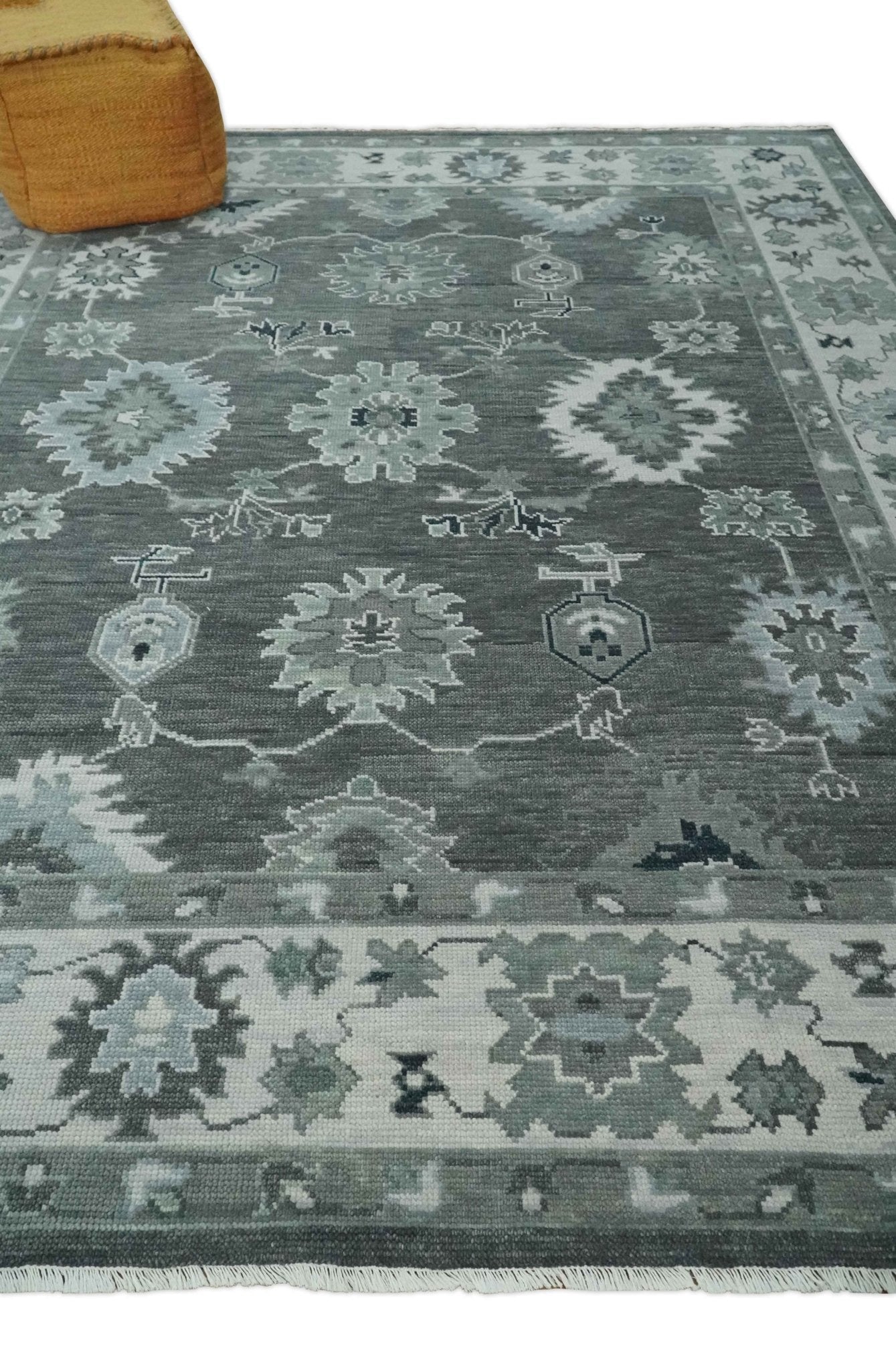 Antique look Charcoal, Ivory and Silver Hand knotted Traditional Oushak Custom Made wool Area Rug - The Rug Decor