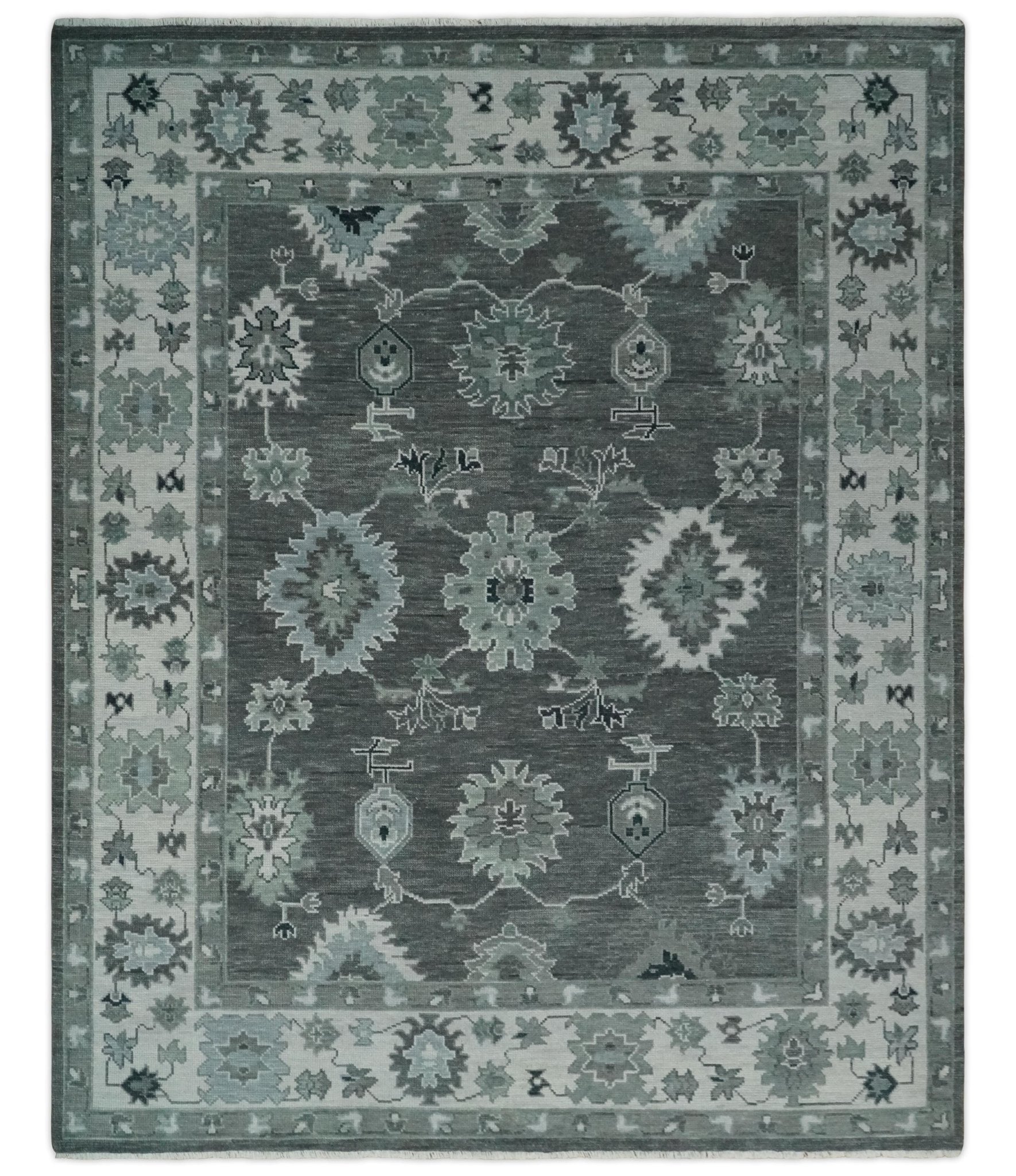 Antique look Charcoal, Ivory and Silver Hand knotted Traditional Oushak Custom Made wool Area Rug - The Rug Decor