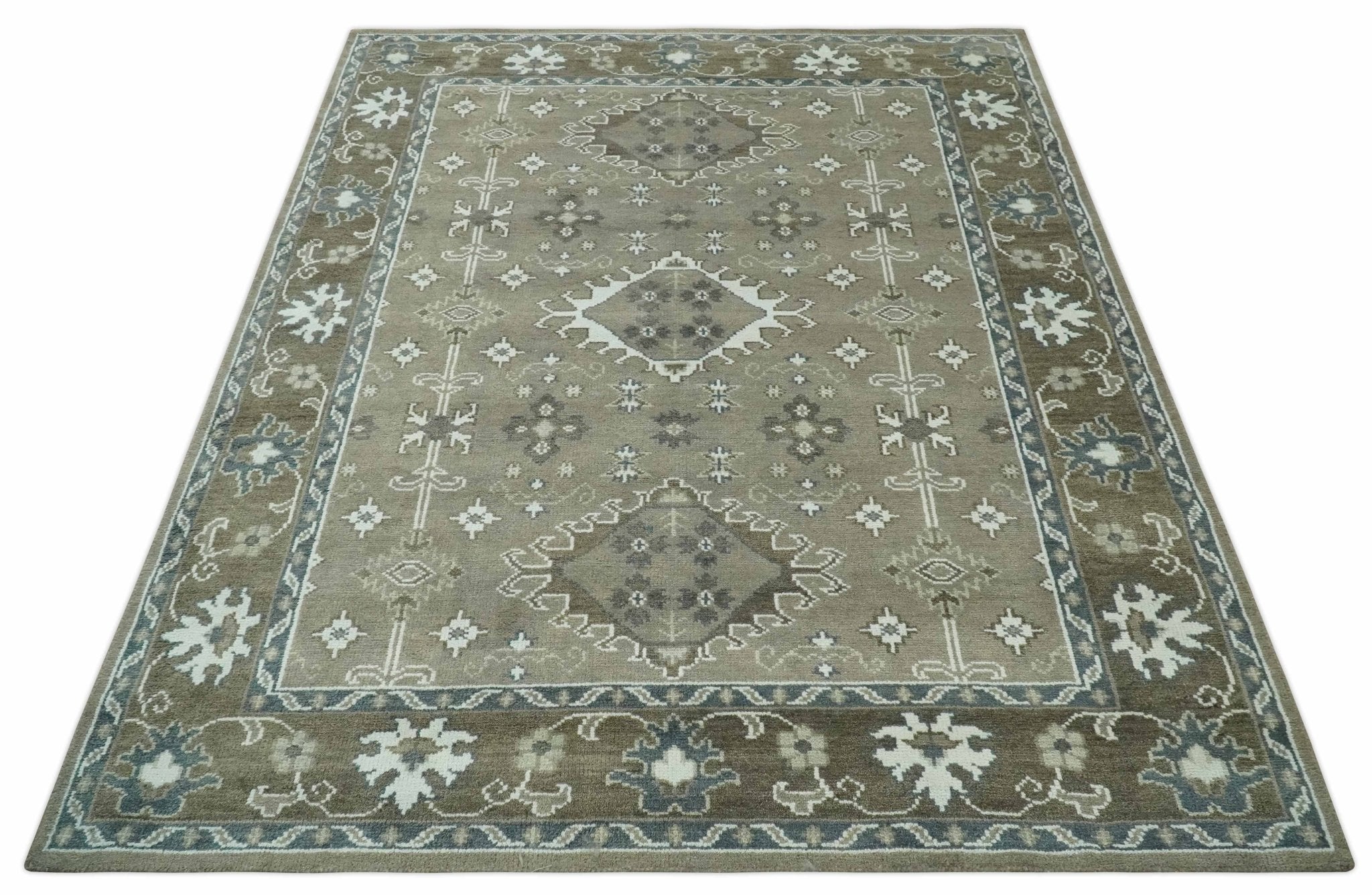 Antique look Grayish-Green and Ivory Hand Knotted Traditional Heriz Custom Made wool Area Rug - The Rug Decor