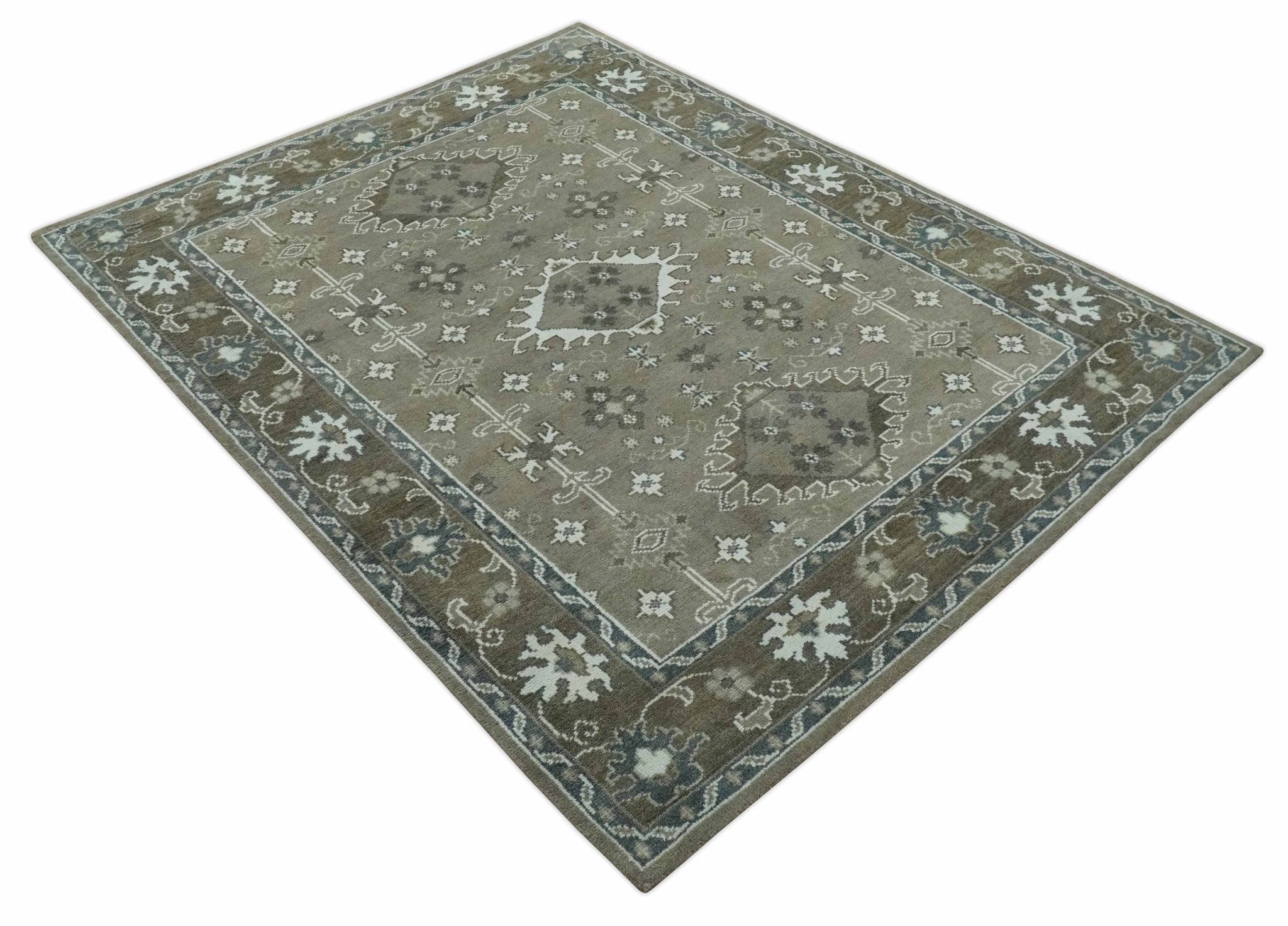 Antique look Grayish-Green and Ivory Hand Knotted Traditional Heriz Custom Made wool Area Rug - The Rug Decor