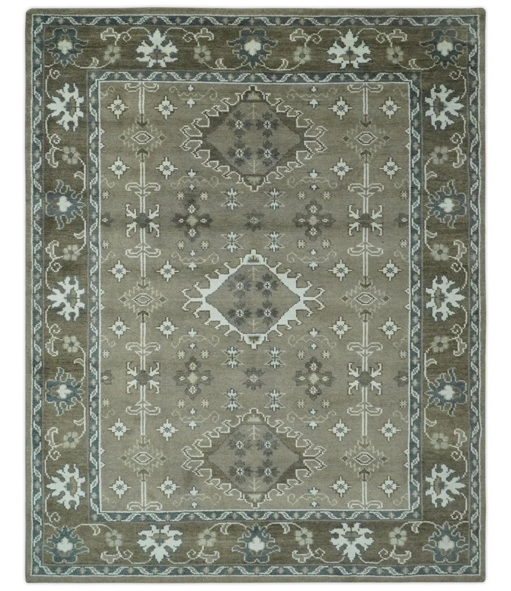 Antique look Grayish-Green and Ivory Hand Knotted Traditional Heriz Custom Made wool Area Rug - The Rug Decor