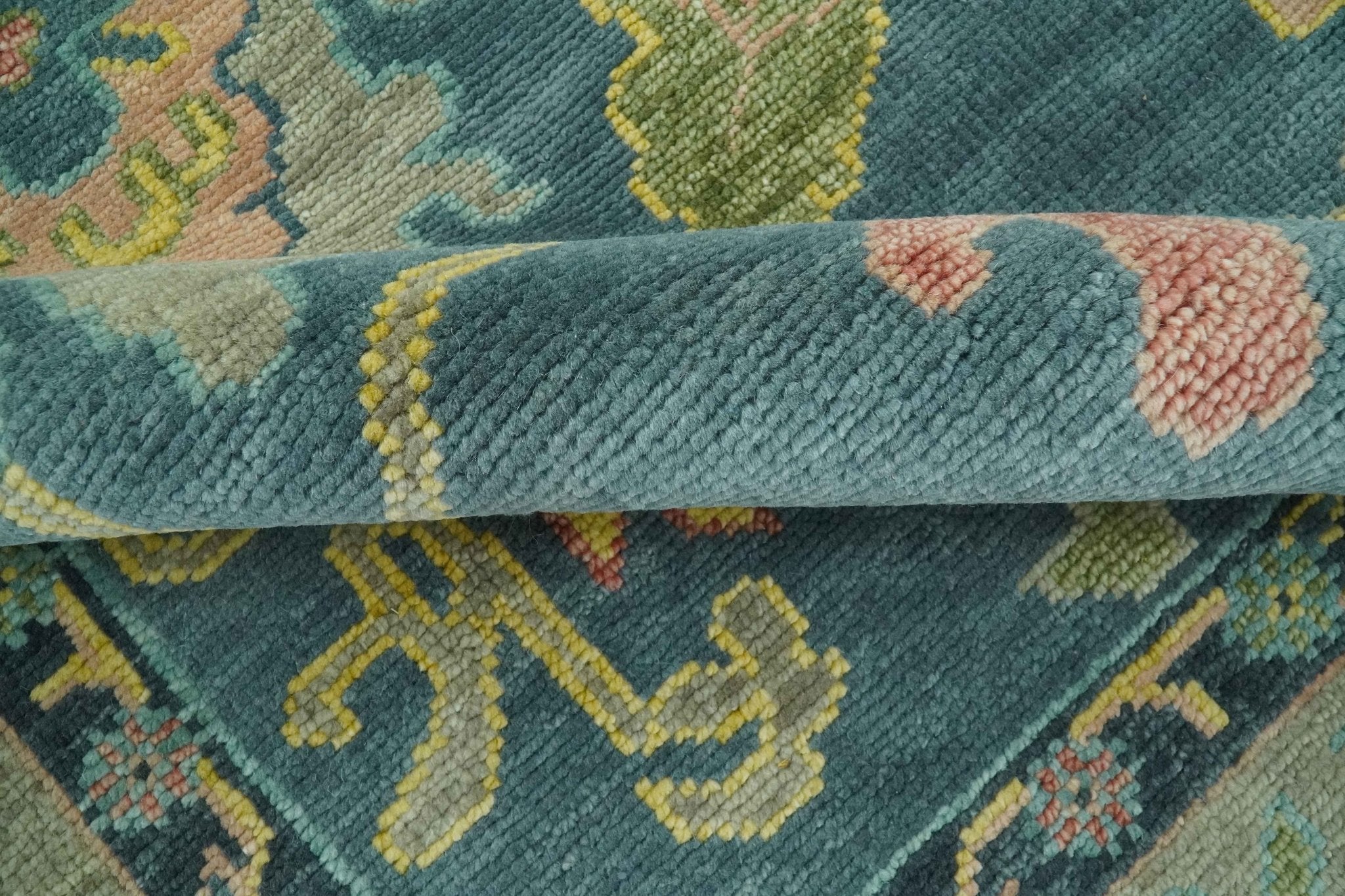 Antique look Teal and Olive 9x12 Hand Knotted Traditional Oushak wool rug