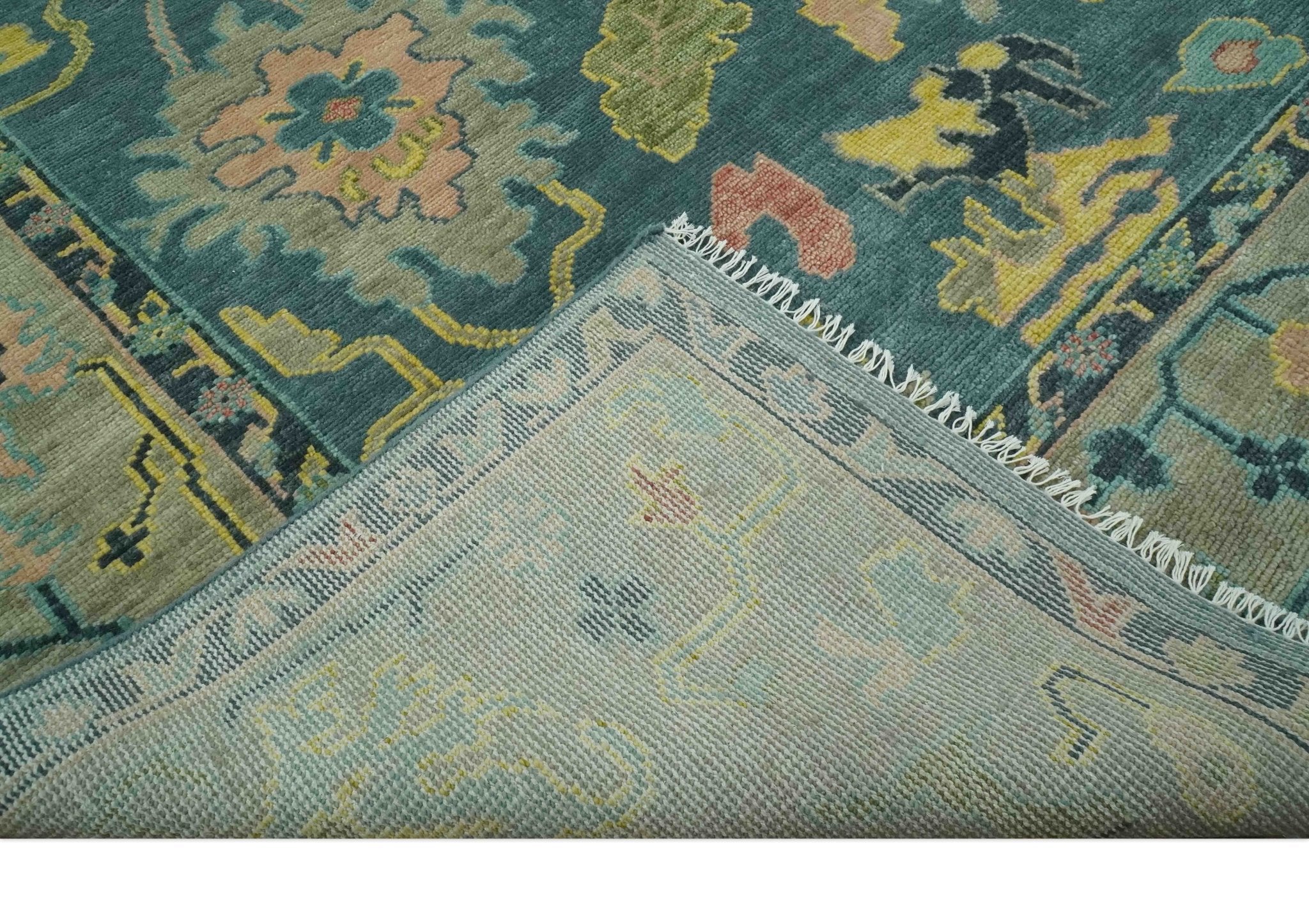 Antique look Teal and Olive 9x12 Hand Knotted Traditional Oushak wool rug