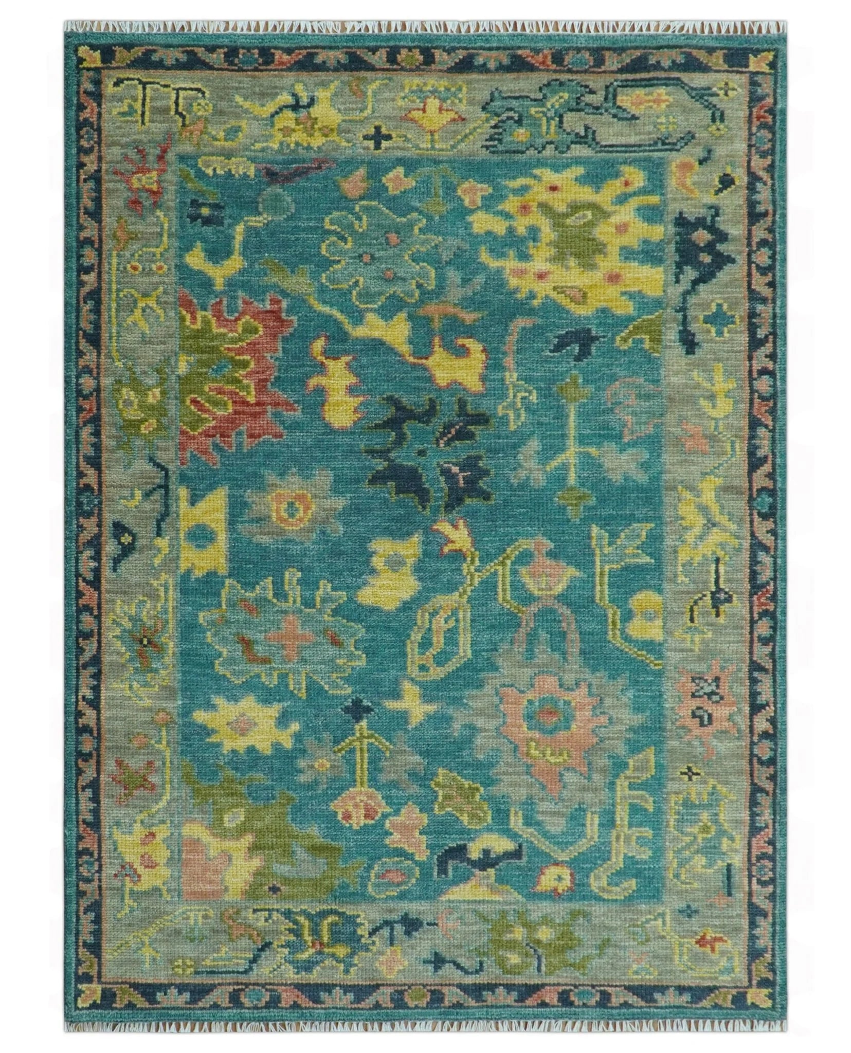 Antique look Teal and Olive Hand Knotted Traditional Oushak Custom Made wool rug
