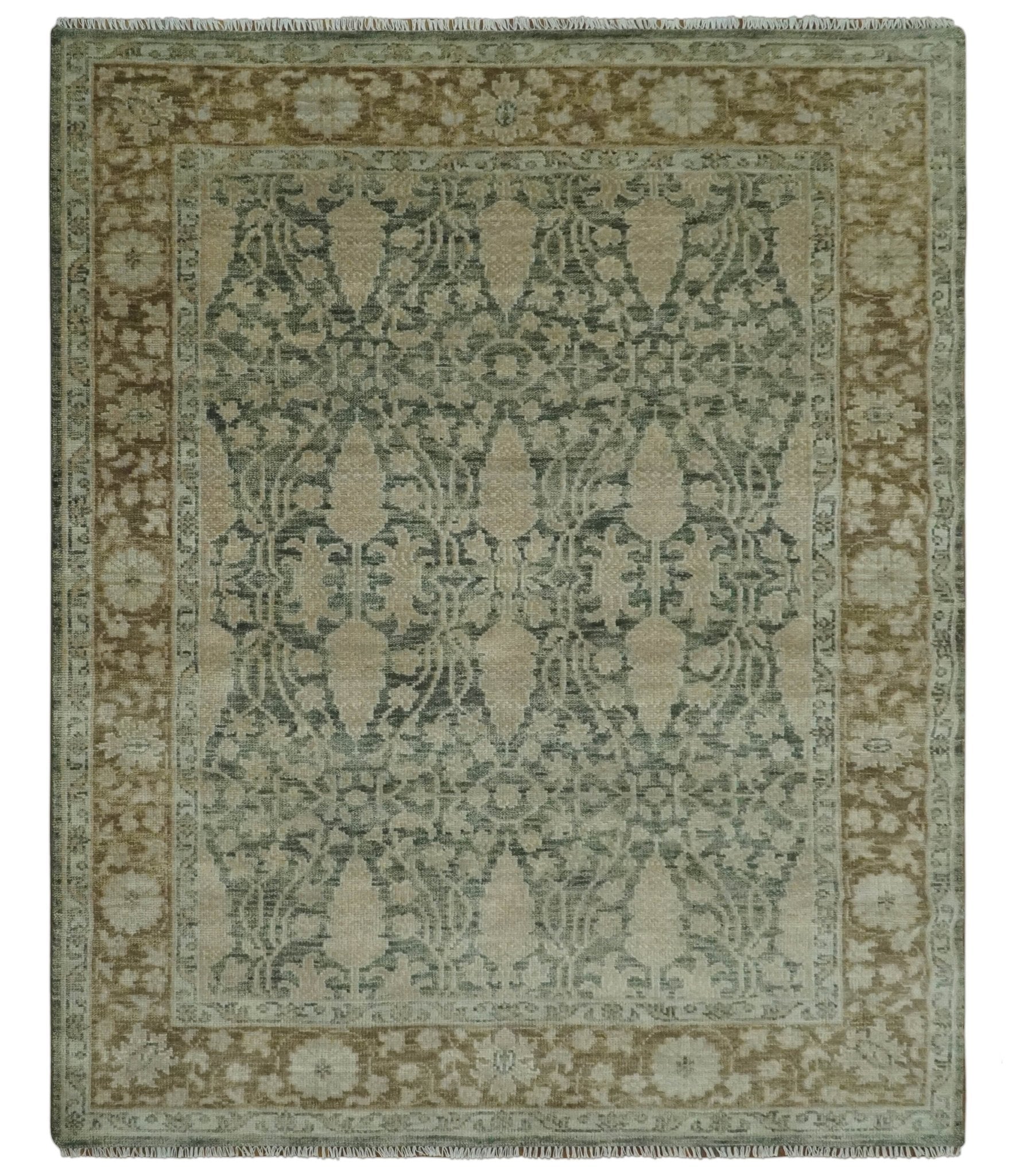 Antique look vintage style Green, Beige and Brown traditional Hand Knotted Multi Size wool rug - The Rug Decor