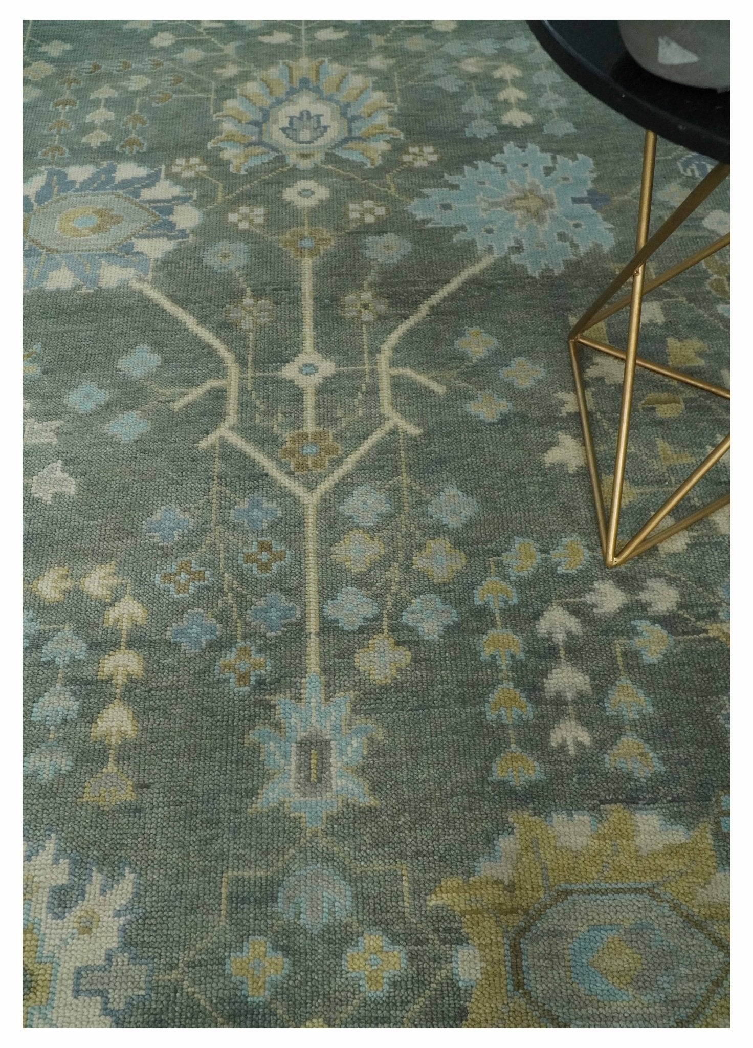 Antique Moss Charcoal Hand Knotted Olive and Beige Traditional Floral Vintage Wool Rug