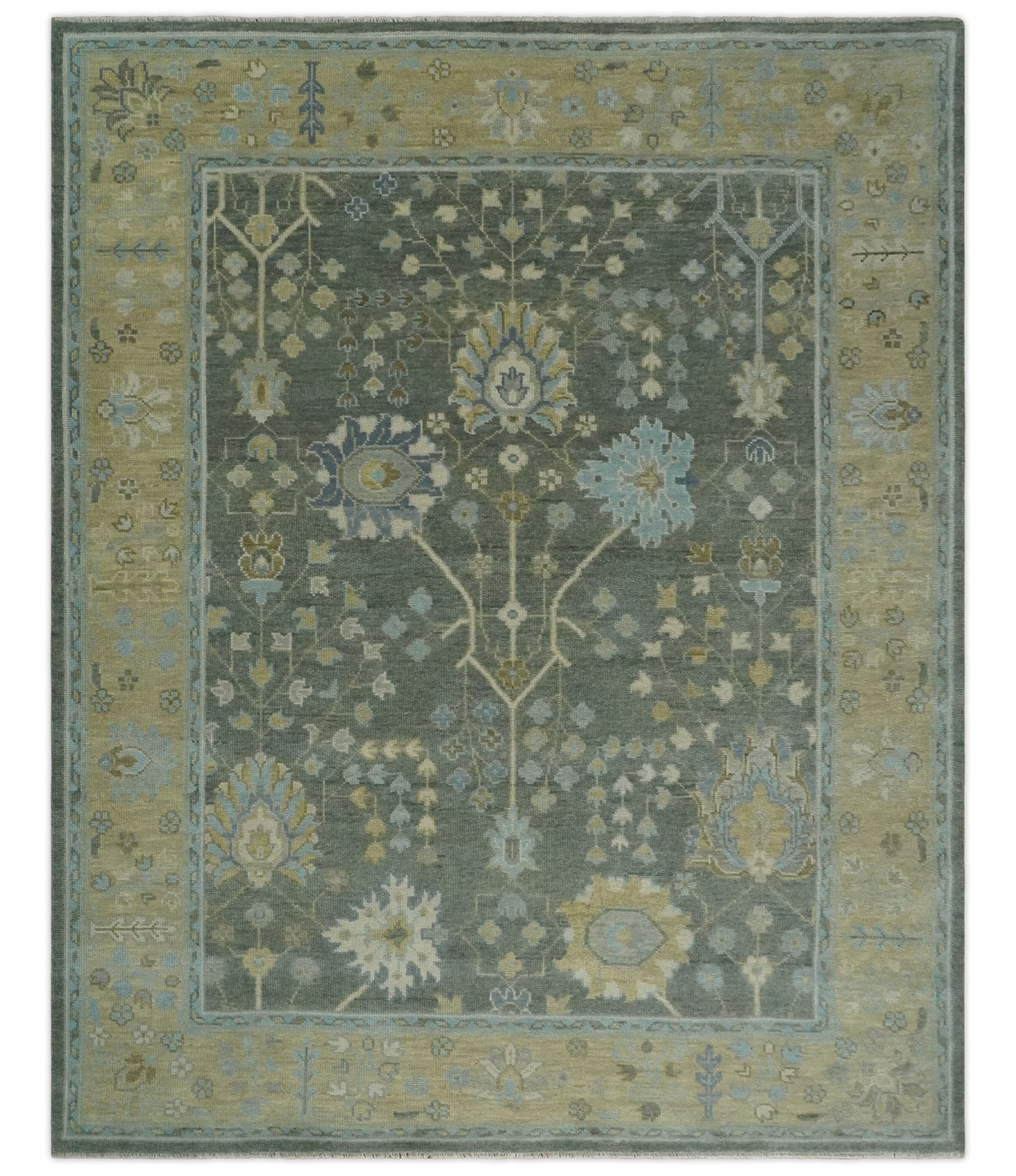 Antique Moss Charcoal Hand Knotted Olive and Beige Traditional Floral Vintage Wool Rug