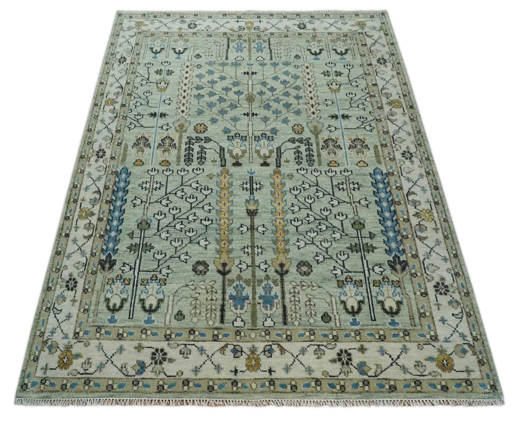 Antique Moss Green 5x8, 6x9, 8x10, 9x12, 10x14, 12x15 Wool Hand Knotted Traditional Ivory Vintage Persian Wool Area Rug | TRDCP663 - The Rug Decor