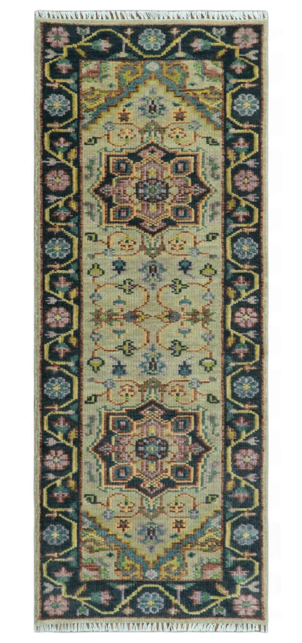 Antique Moss Green and Pink Traditional Multi Size Wool Area Rug