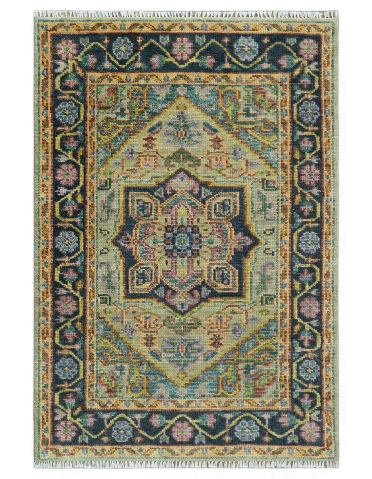 Antique Moss Green and Pink Traditional Multi Size Wool Area Rug